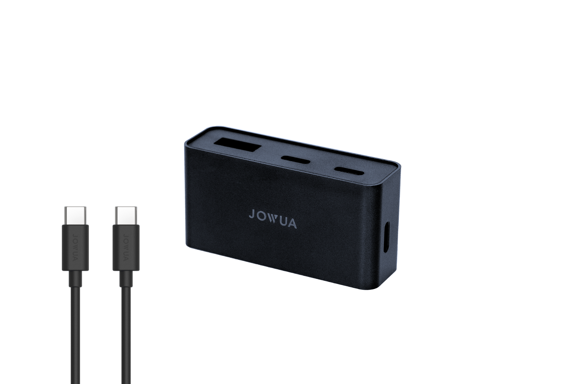 A JOWUA Under Screen Invisible Station for Model 3 Highland (2024+)/Y Juniper (2025+), featuring three top ports, minimalist black design, and an included USB-C to USB-C cable, both displayed on a plain background.