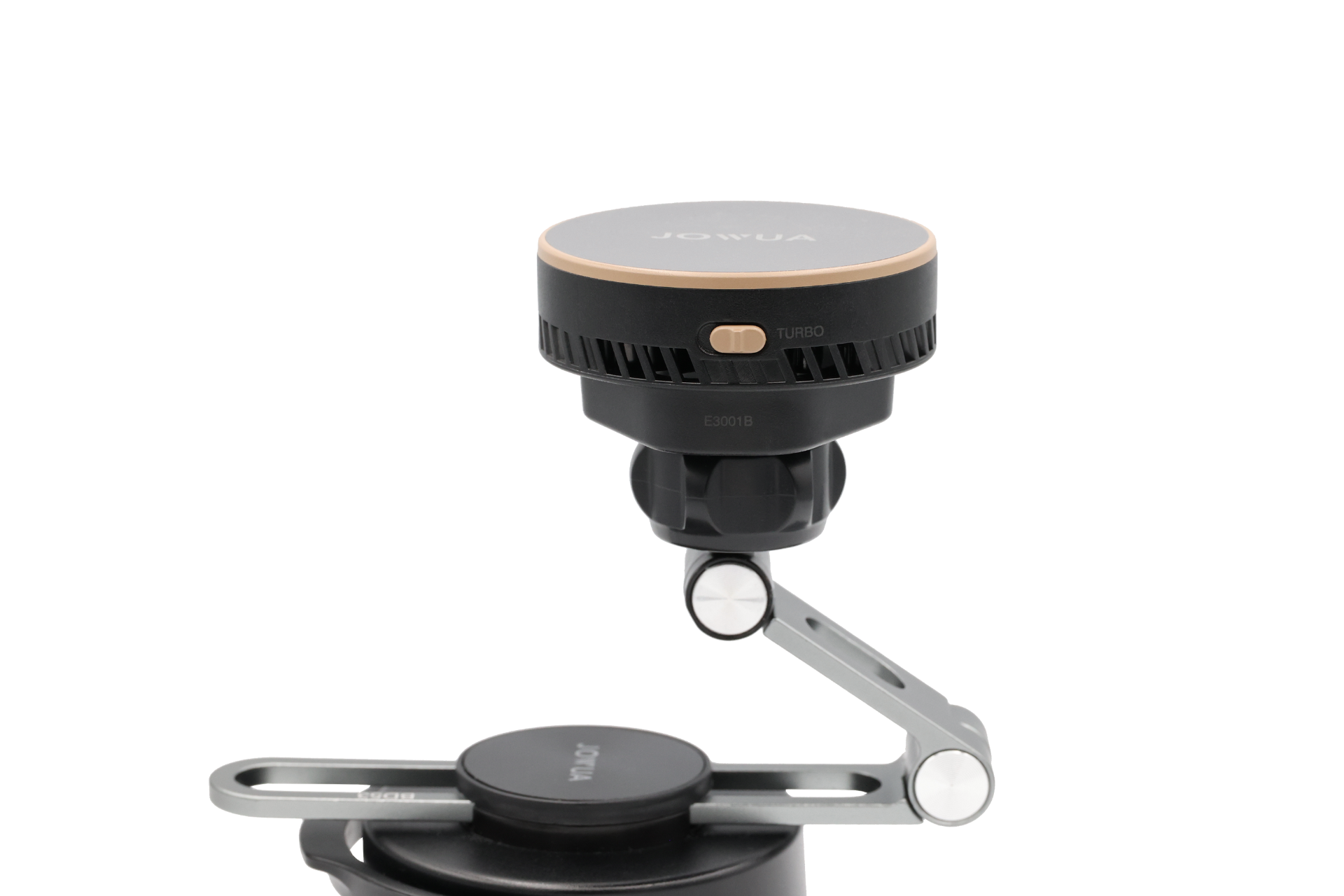 A compact, round JOWUA Active Cooling 6D Tesla Compatible Invisible Foldaway Car Mount Qi2 Wireless Charger (MagSafe) is mounted on an adjustable metallic arm attached below, shown against a plain white background.