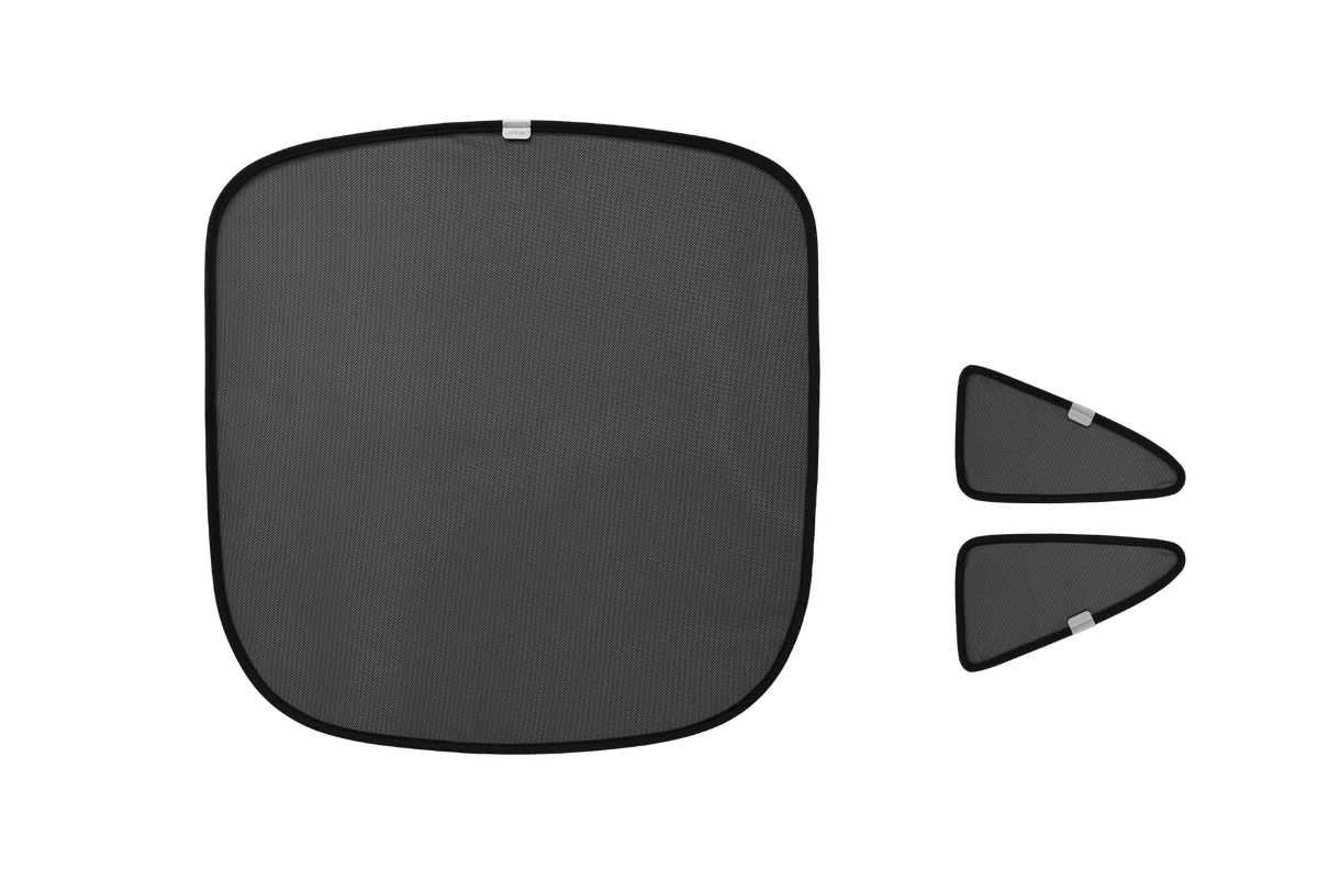 Three black mesh JOWUA sunshades for the Model Y L (2026+), crafted from high-density transparent woven fabric: one large rectangular rear lift gate shade on the left and two smaller triangular window shades on the right, all featuring black trim and gray tabs for a custom-fit look.