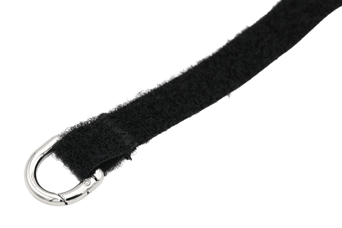 A close-up of the JOWUA Reflective Rear Door Emergency Release Strap for Model 3 Highland (2024+) and all Model Y, featuring a black Velcro strap with silver metal D-ring buckle, shown on a white background.