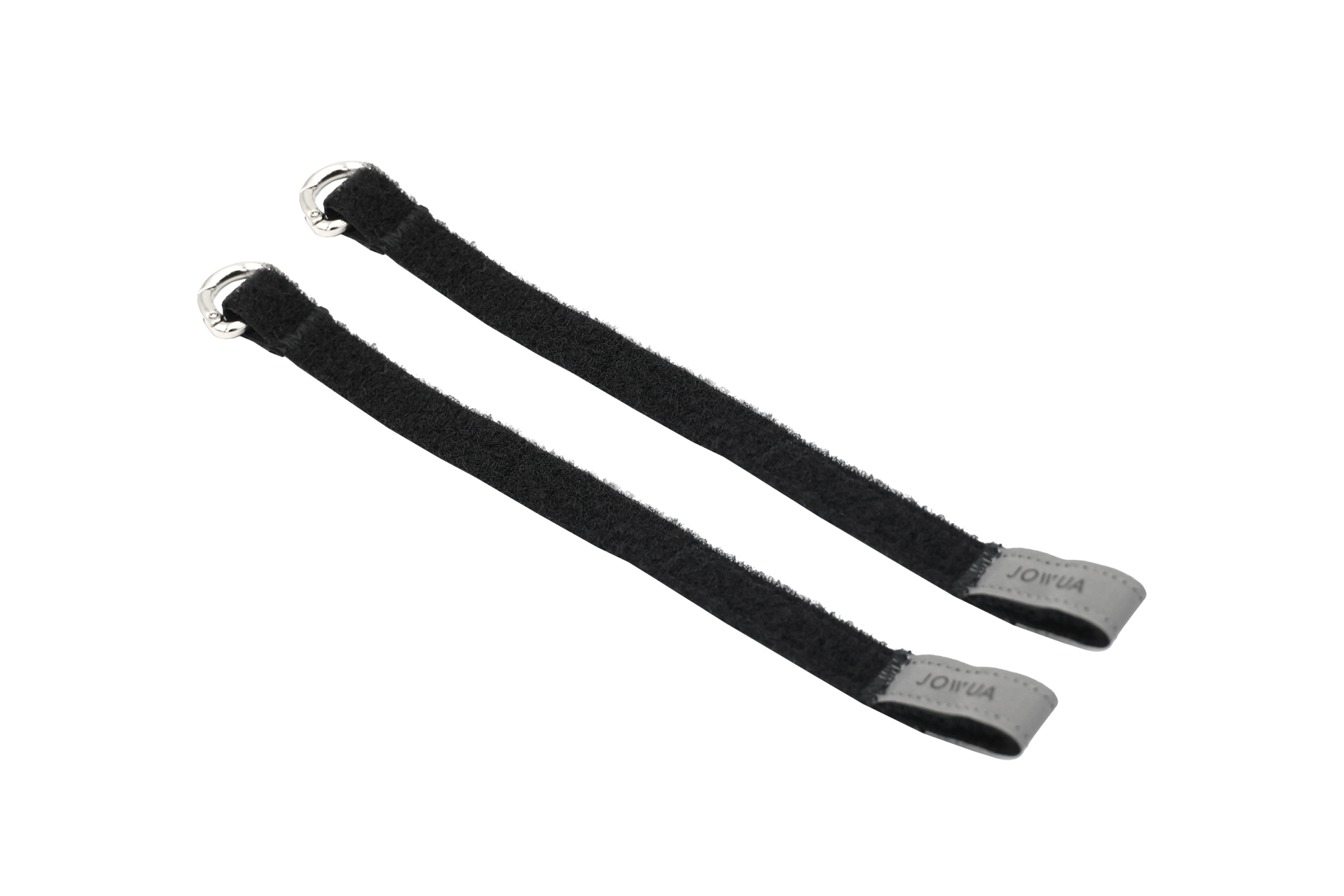 Two black Velcro JOWUA Reflective Rear Door Emergency Release Straps (Model 3 Highland 2024+ / All Model Y) with injection-molded hooks, silver metal loops, and gray "JORVIK" tabs are shown on a white background.