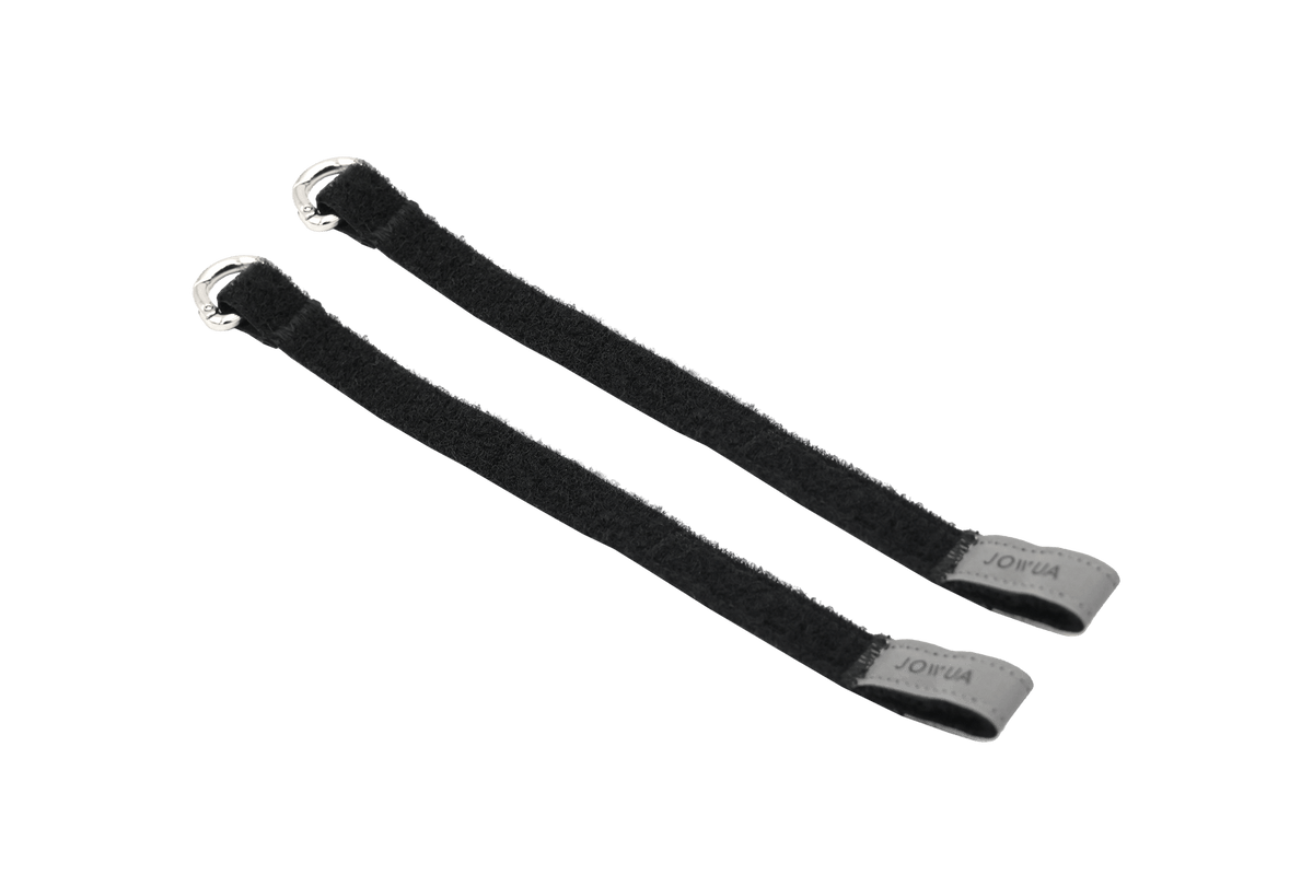Two JOWUA Reflective Rear Door Emergency Release Straps (Model 3 Highland 2024+/All Model Y), featuring black hook-and-loop, metal D-rings, and gray tabs, are shown parallel on a plain white background.