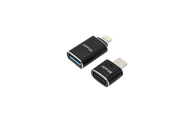 On a white background, two adapters branded "JOWUA" lie side by side; one is slightly larger than the other. These black USB-A to Type-C and Lightning adapters from the Sentry & DashCam Adapter Set offer seamless OTG connectivity for various devices.