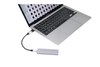 A laptop connected to an external drive via a USB cable shows a grid of images, implying file management or editing capabilities. The stylish and compact drive provides portable storage or backup options. Using the JOWUA Sentry & DashCam Adapter Set OTG (USB-A to Type-C & Lightning), it effortlessly supports both modern devices and traditional setups.