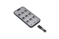 A JOWUA Sentry & DashCam Adapter Set OTG (USB-A to Type-C & Lightning) connects a smartphone displaying a collection of images to a sleek black and silver USB drive against a plain background.