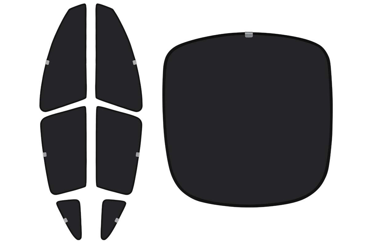 Six black geometric shapes are vertically arranged on the left, while a large, rounded black rectangle—resembling the JOWUA Side + Rear Lift Gate Window Sunshade for Model Y L (2026+), known for its superior thermal insulation—appears on the right; all feature small gray tabs and are set against a white background.
