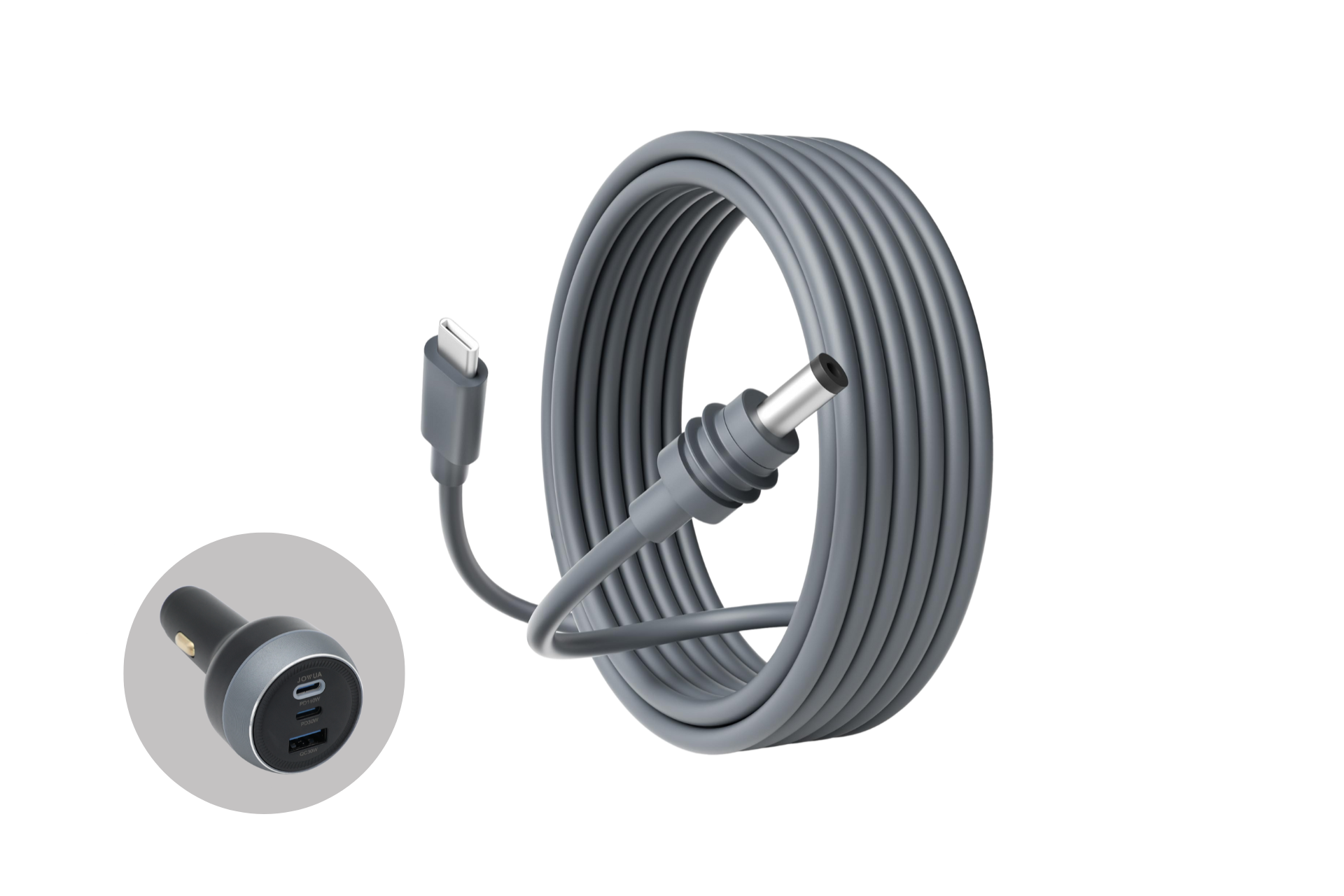 The JOWUA Starlink Mini USB-C to DC 3M Power Cable for Cybertruck/Model S/3/X/Y is shown coiled in gray, alongside a black dual-port car charger—ideal for charging Tesla and Starlink devices on the go.