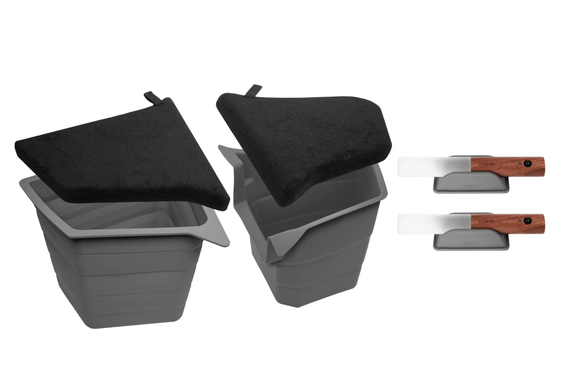 The JOWUA Trunk Storage Bins Bundle for Model Y (Juniper 2025+) includes two gray silicone bins with black detachable triangular lids, plus two cheese knives with wooden handles and wide stainless steel blades on matching gray rests.
