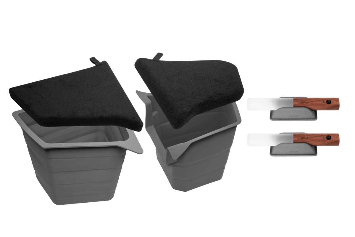 JOWUA Trunk Storage Bins Bundle for Model Y Juniper (2025+): two gray expandable bins with black lids, shown open/closed, beside two small kitchen knives with wooden handles and blade covers on a white background—perfect for trunk organization.