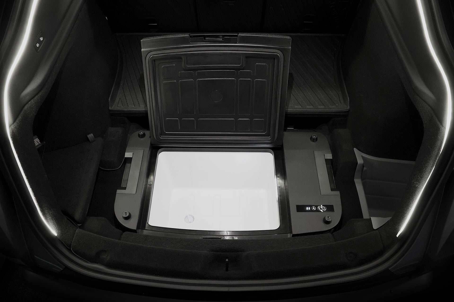 The JOWUA Car Refrigerator for Tesla Model Y features an open storage compartment with a white interior, a lid, a right-side control panel, and an intelligent dual-mode cooling system for optimal temperature management in your trunk.
