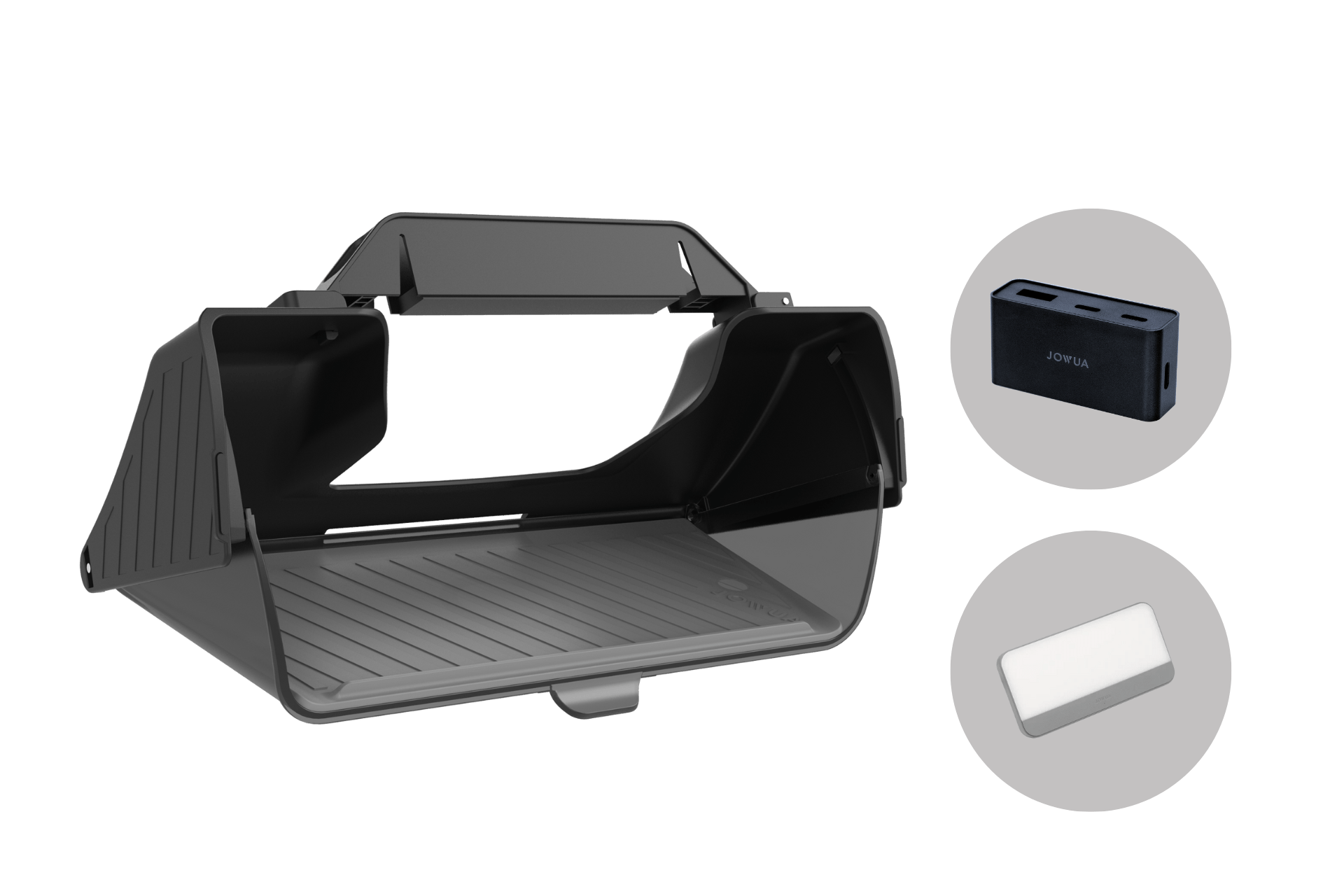 The JOWUA Under Screen Invisible Station Model 3 Highland (2024+)/Y Juniper (2025+) is shown centered, with a minimalist black camera sun hood. On the right are a rectangular black USB power adapter and a small white cleaning cloth, all on a white background.