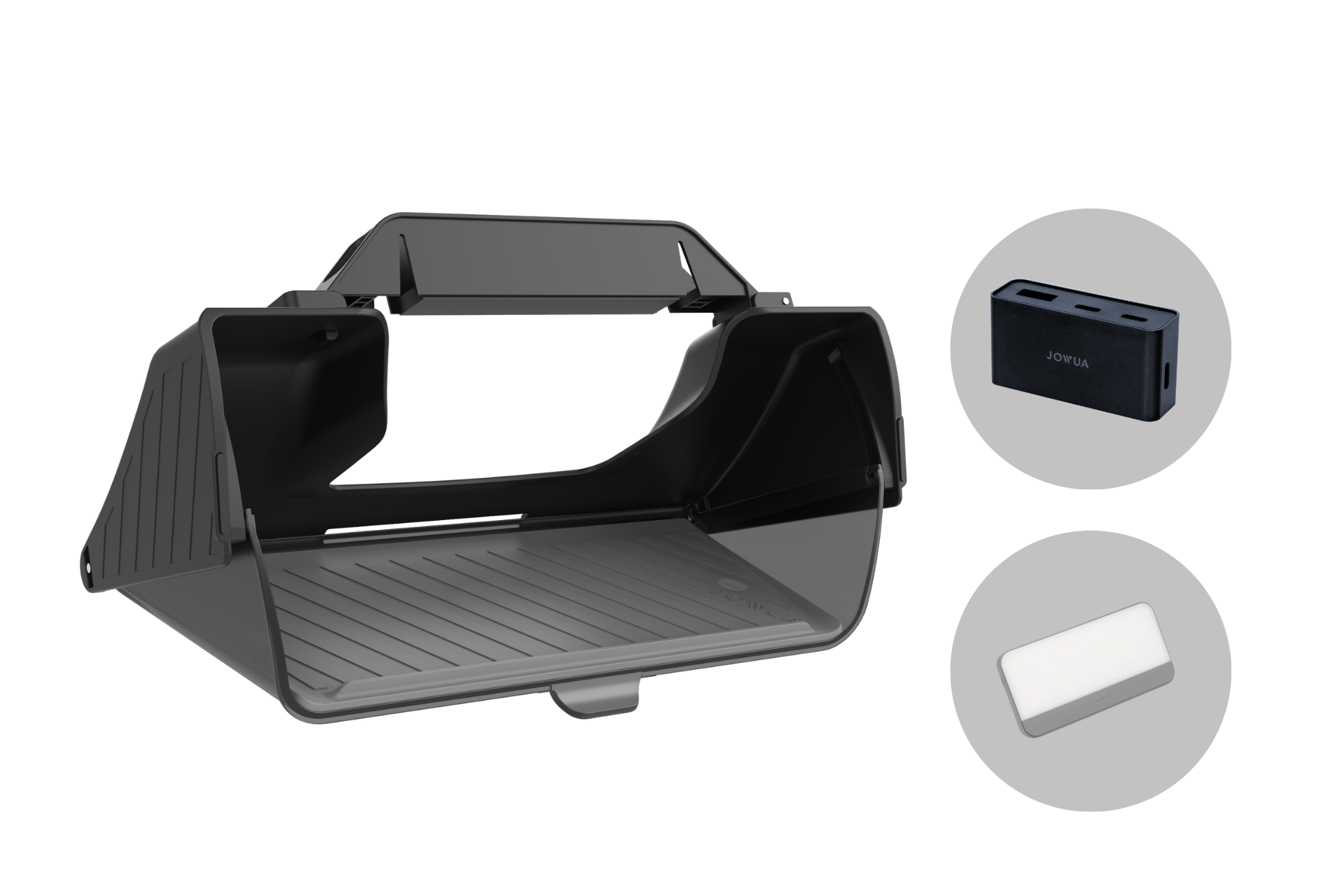 To the left is a gray VR headset visor shield, and to the right are two accessories: JOWUA
