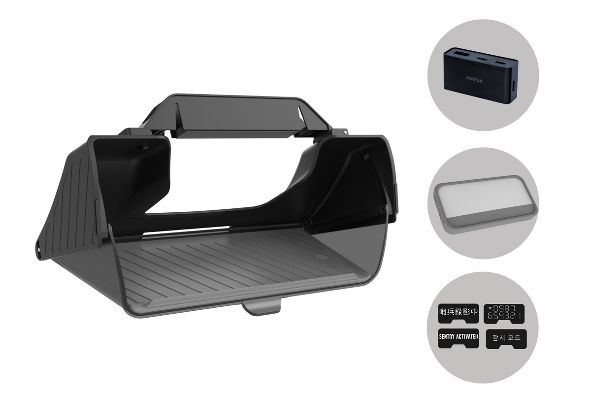 A black sun hood, a triple USB wall charger, a rectangular LED lamp, and a close-up of a panel with buttons and lights—likely part of the JOWUA Under Screen Invisible Station for Model 3 Highland (2024+) or Y Juniper (2025+)—are displayed on a white background.