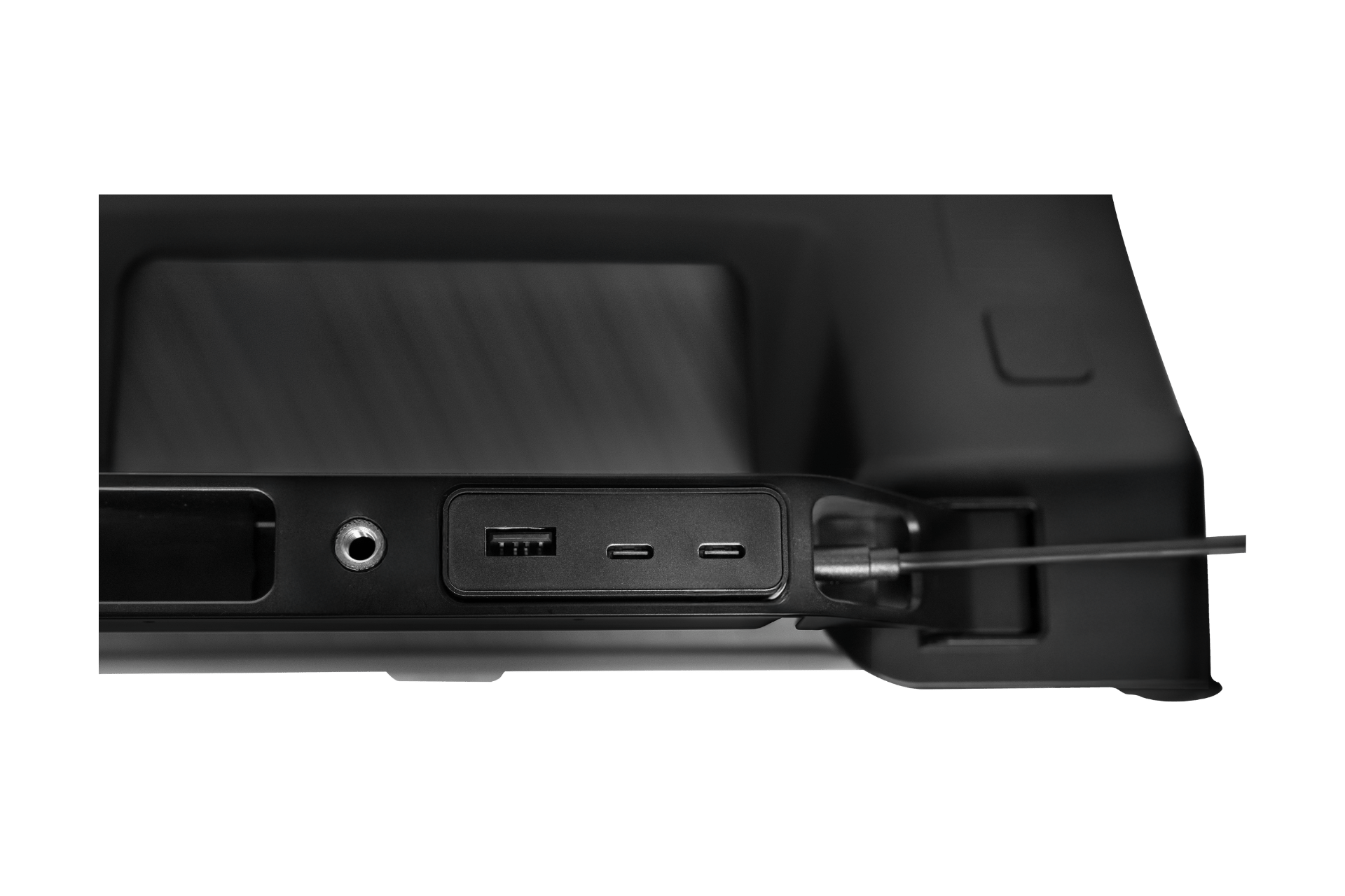 Close-up of the JOWUA Under Screen Invisible Station Model 3 Highland (2024+)/Y Juniper (2025+) port panel with a minimalist black design, featuring headphone jack, USB-A, dual USB-C ports, and a right-side security cable.
