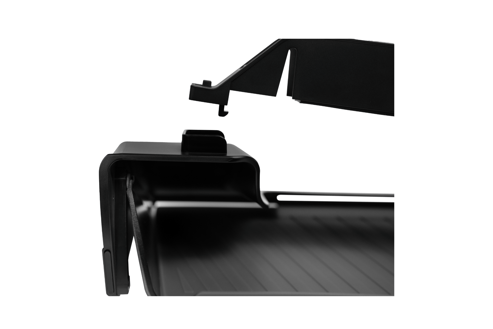 Close-up view of the JOWUA Tesla Charging Essentials Set – Apple Accessory Kit for Tesla Model 3 Highland (2024+)/Y Juniper (2025+), featuring a black MagSafe-compatible tray with a folding component, shown against a white background.