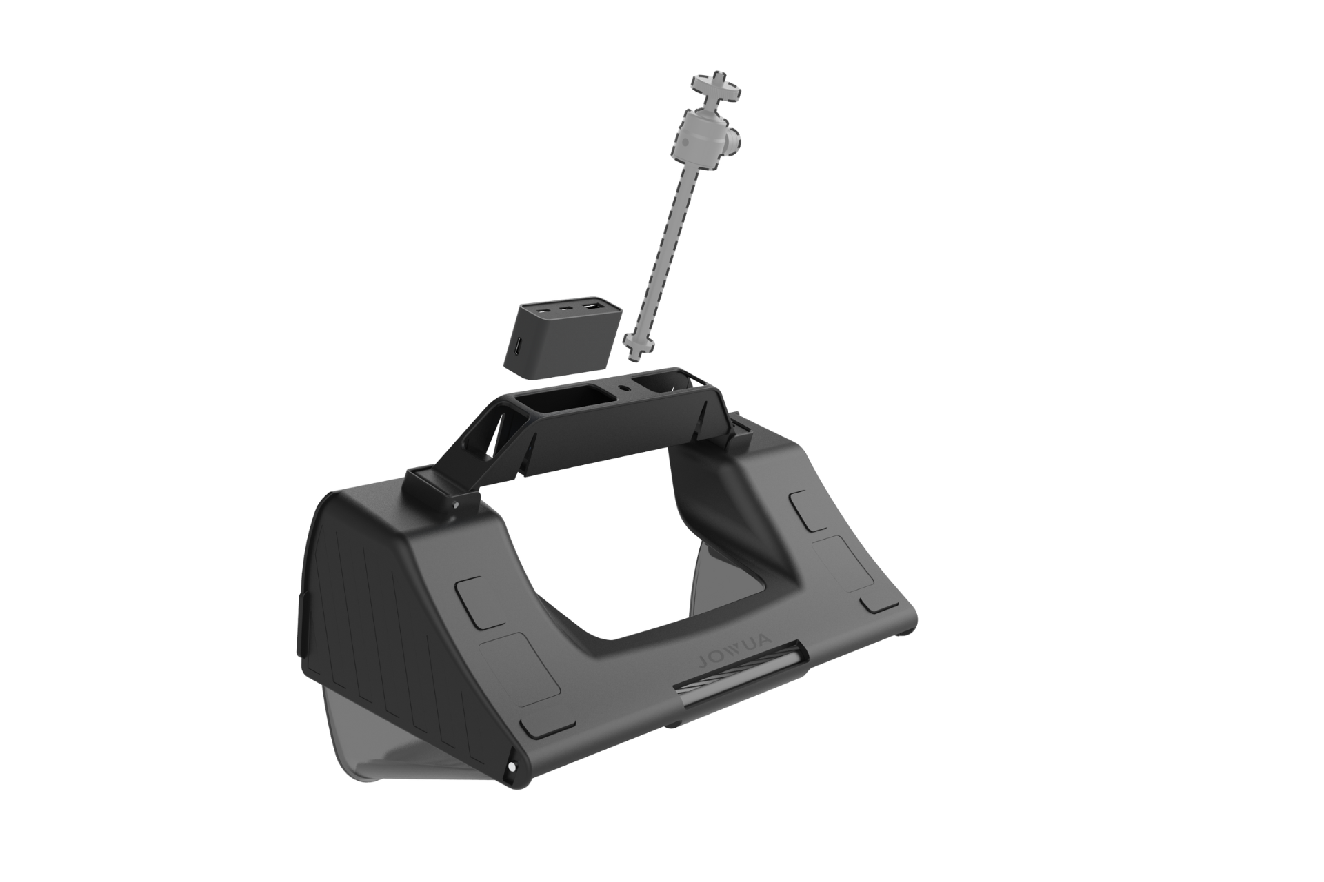 The black handheld device with a triangular design features a screen, adjustable stand, wireless charging, and a long, thin mount extension. The word "Formic" is displayed on it, and it's perfect for the JOWUA Tesla Model Y Juniper 2025+ Premium Bundle (Right Hand Drive Version).