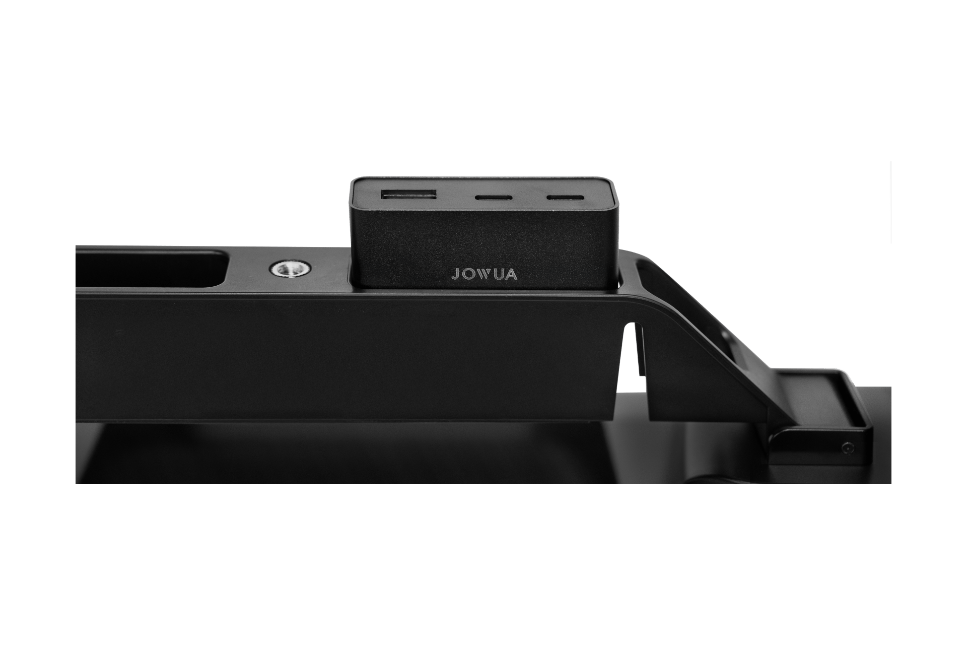 A close-up of the JOWUA Under Screen Invisible Station for Model 3 Highland (2024+)/Y Juniper (2025+), featuring two USB-C and one USB-A ports on top, displayed on a sleek black bracket—perfect for Tesla owners seeking minimalist design.