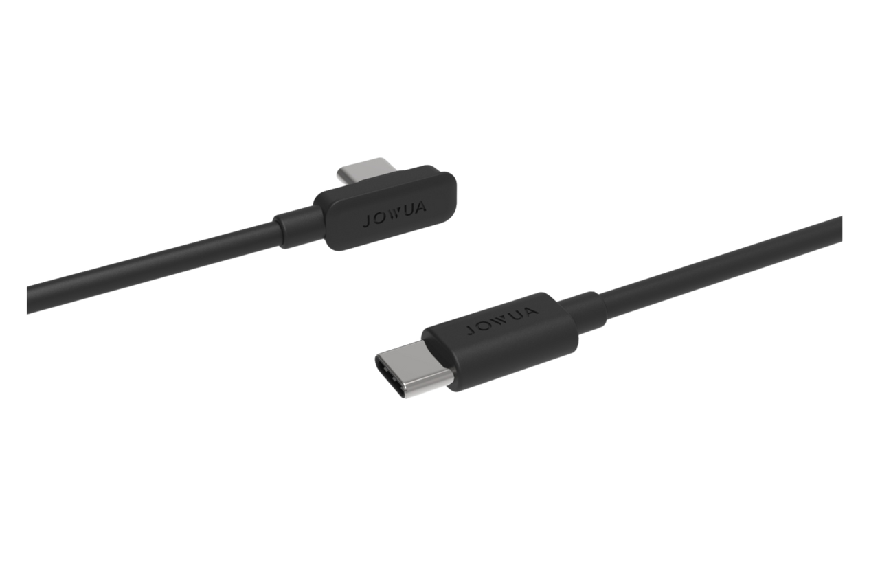 The JOWUA USB-C L Shape Cable (1.75M-3M) features a sleek black design with "JOWUA" on both connectors. The left connector is right-angled for PD fast charging, while the right is straight, making it ideal for Tesla center console use.