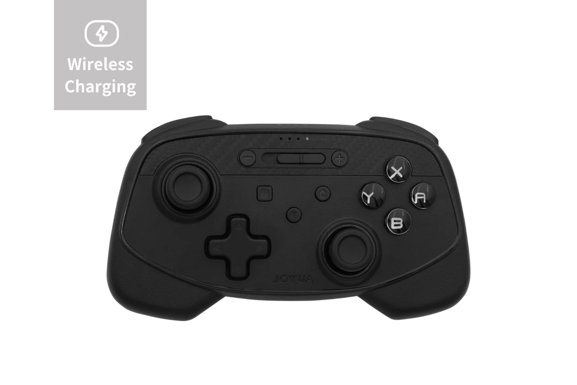 The JOWUA Tesla Gaming Controller is an elegant black device designed for gaming, featuring a variety of buttons and joysticks. It includes a D-pad, as well as labeled buttons X, Y, A, and B. This multi-device controller offers Bluetooth connectivity and showcases a "Wireless Charging" label in the top-left corner.