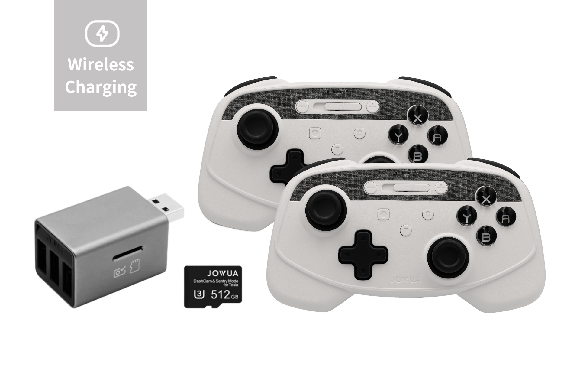 Two Wireless Tesla Game Controllers Combo (Model S/3/3HL/X/Y/Cyber) from JOWUA, featuring a white design with black accents, are displayed alongside a gray USB wireless charging adapter and a 512GB microSD card against a black background. In the upper left corner, the "Wireless Charging" symbol underscores its seamless integration with Bluetooth Connect technology.