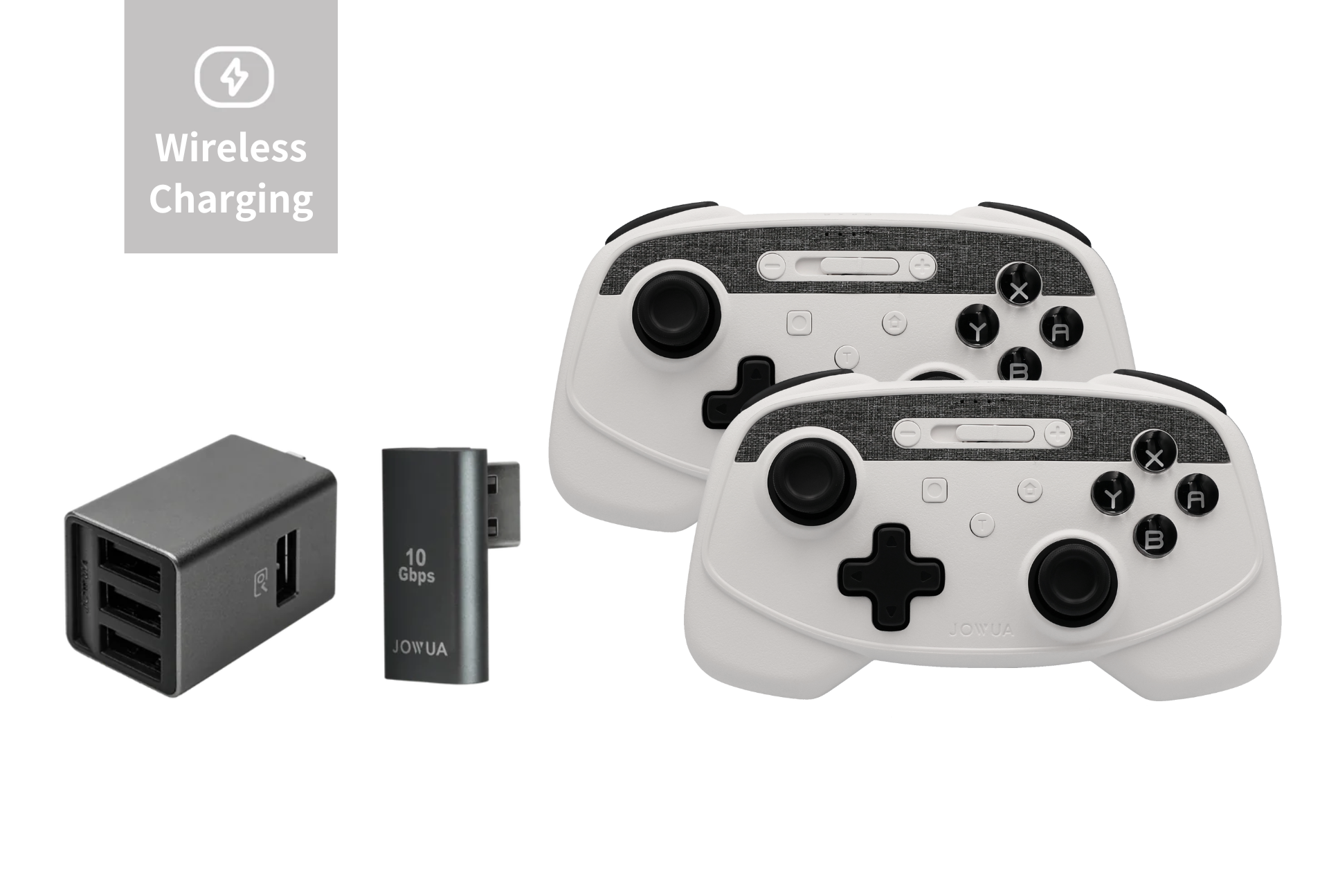 JOWUA Wireless Tesla Game Controllers Combo (for Model 3/Y) includes two white controllers, a three-port USB Dashcam Hub charging adapter, and a compact USB dongle. "Wireless Charging" with a lightning bolt icon highlights these key accessories.