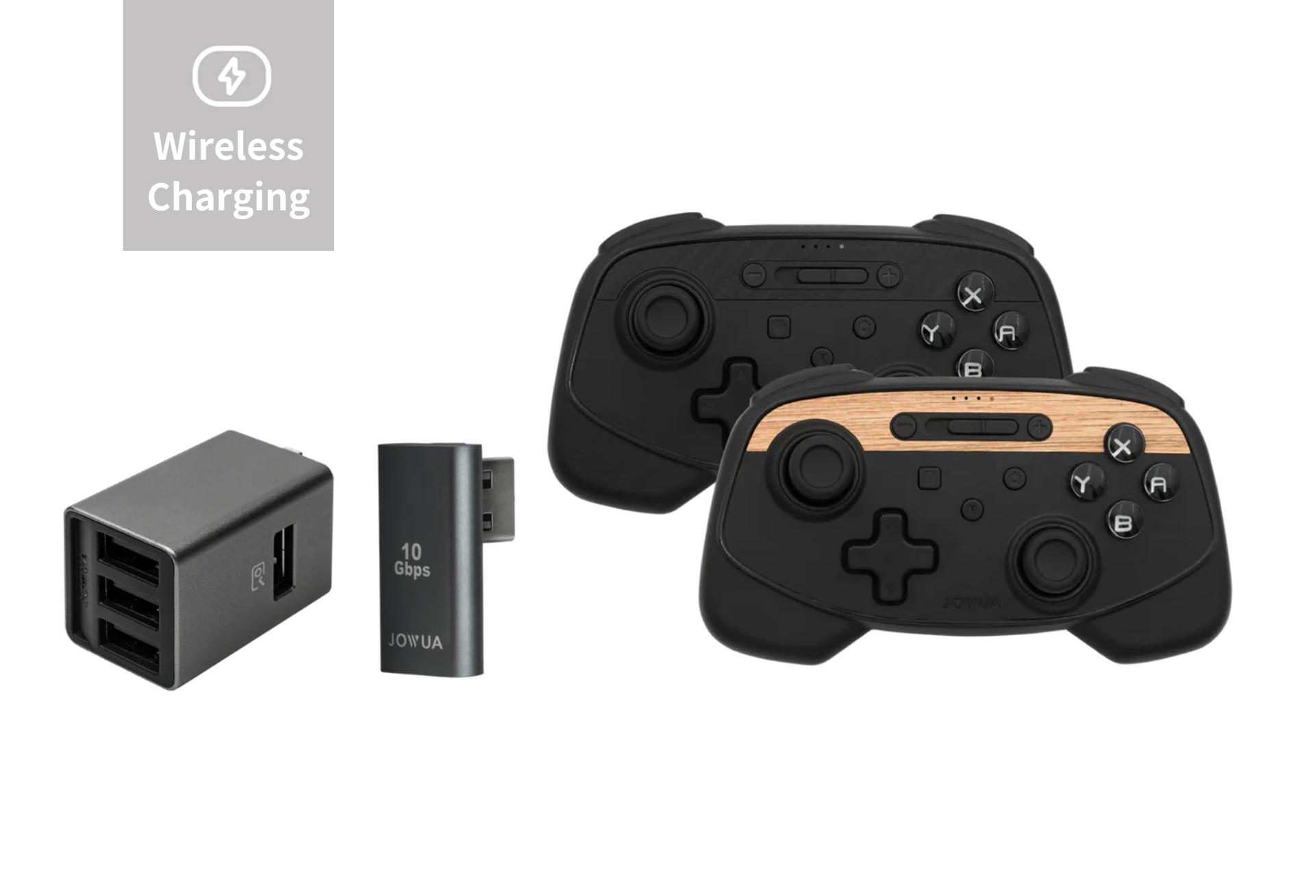 Two JOWUA Wireless Tesla Game Controllers (one with wood trim) are shown beside a black USB wall charger and mini adapter—ideal for Tesla Model 3/Y (2018-2024). A "Wireless Charging" icon appears in the upper left corner.