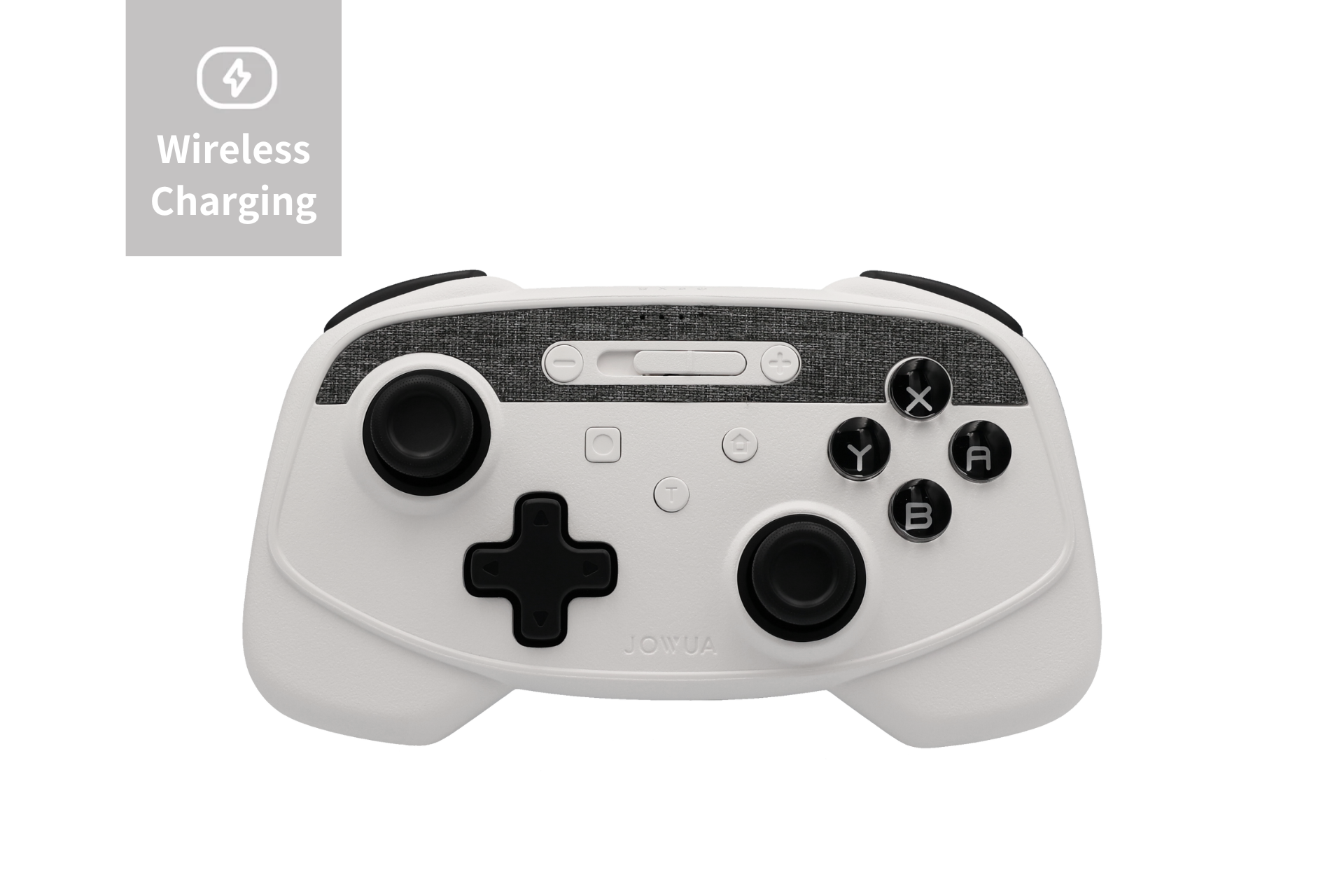 The JOWUA Tesla Gaming Controller is a multi-device wireless controller in black and white, featuring various buttons and knobs. It includes a textured strip on top, with labeled "A," "B," "X," and "Y" buttons. Compatible with Tesla devices, it offers Bluetooth connectivity and wireless charging capabilities, as highlighted by its label in the left corner.