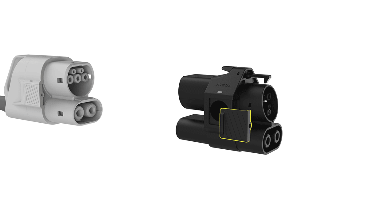 The JOWUA CCS2 to NACS DC/AC Charging Adapter Set includes a gray and a black connector, each with circular ports and rectangular grips, illustrating Tesla charging compatibility.