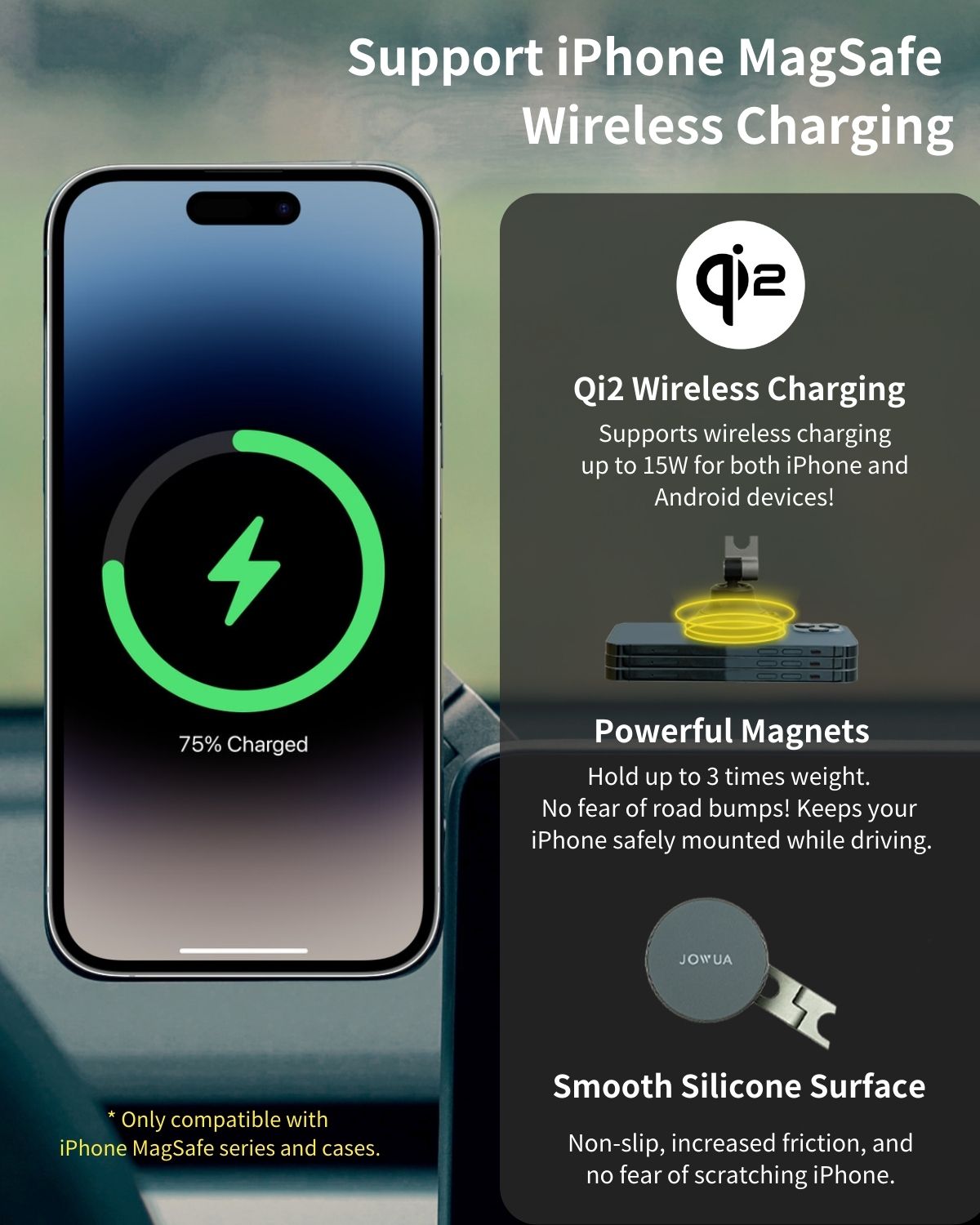 A smartphone on a Tesla Model Y Juniper dashboard wirelessly charges at 75% with Qi2 and MagSafe support. This JOWUA wireless charging mount, featuring powerful magnets and a smooth silicone surface, is compatible with iPhone MagSafe series and cases.