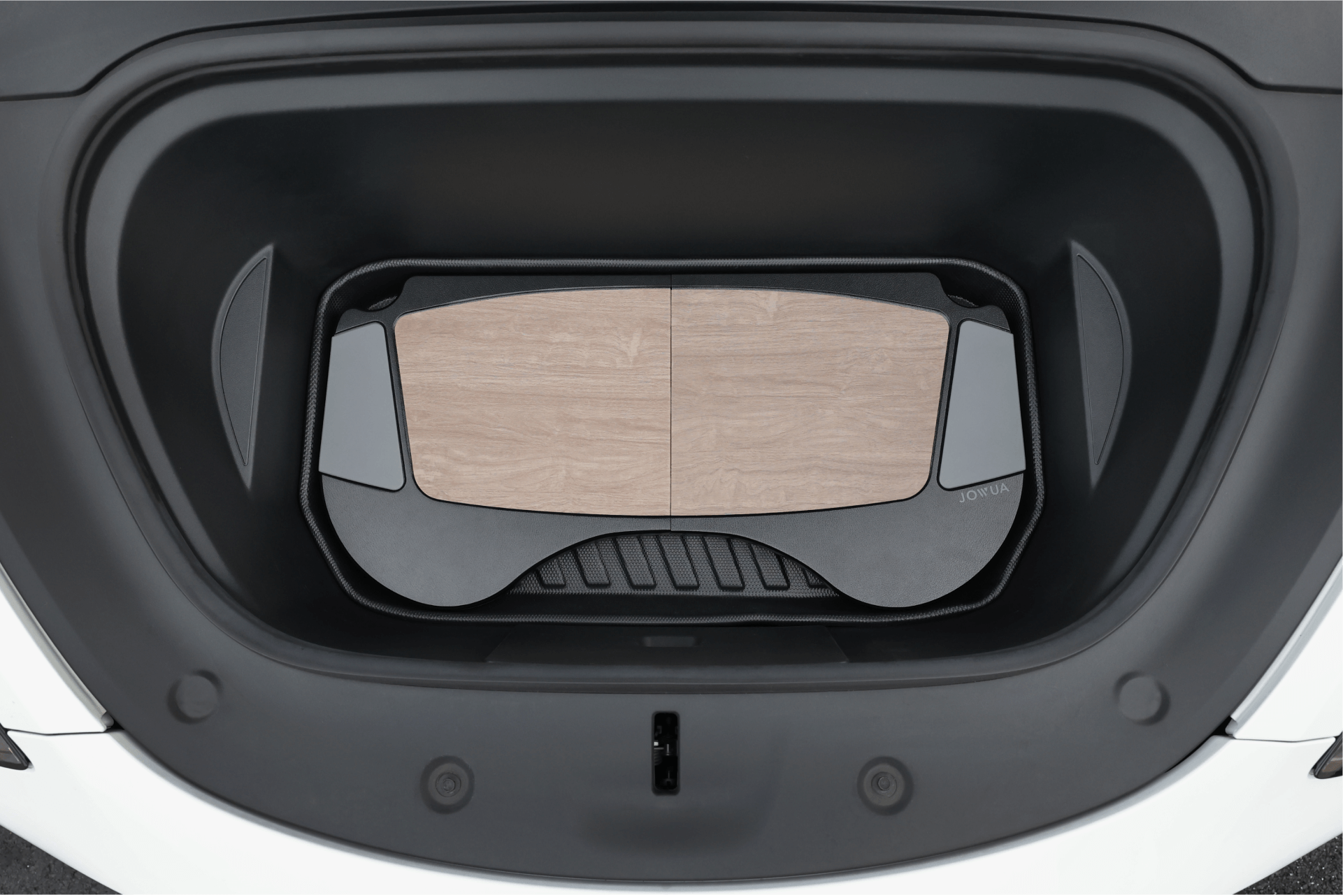 Interior view of a car's frunk showcasing a sleek wooden panel with black accents, complemented by JOWUA's Foldable Car Tray Bundle. This elegant accessory is designed to organize and cover the storage area efficiently.
