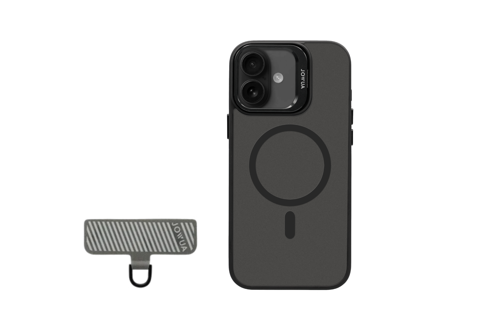 The JOWUA iPhone 17 Release Bundle features a black smartphone in a MagSafe clear case, standing upright beside a small gray striped accessory with a bottom loop, both displayed on a plain white background.