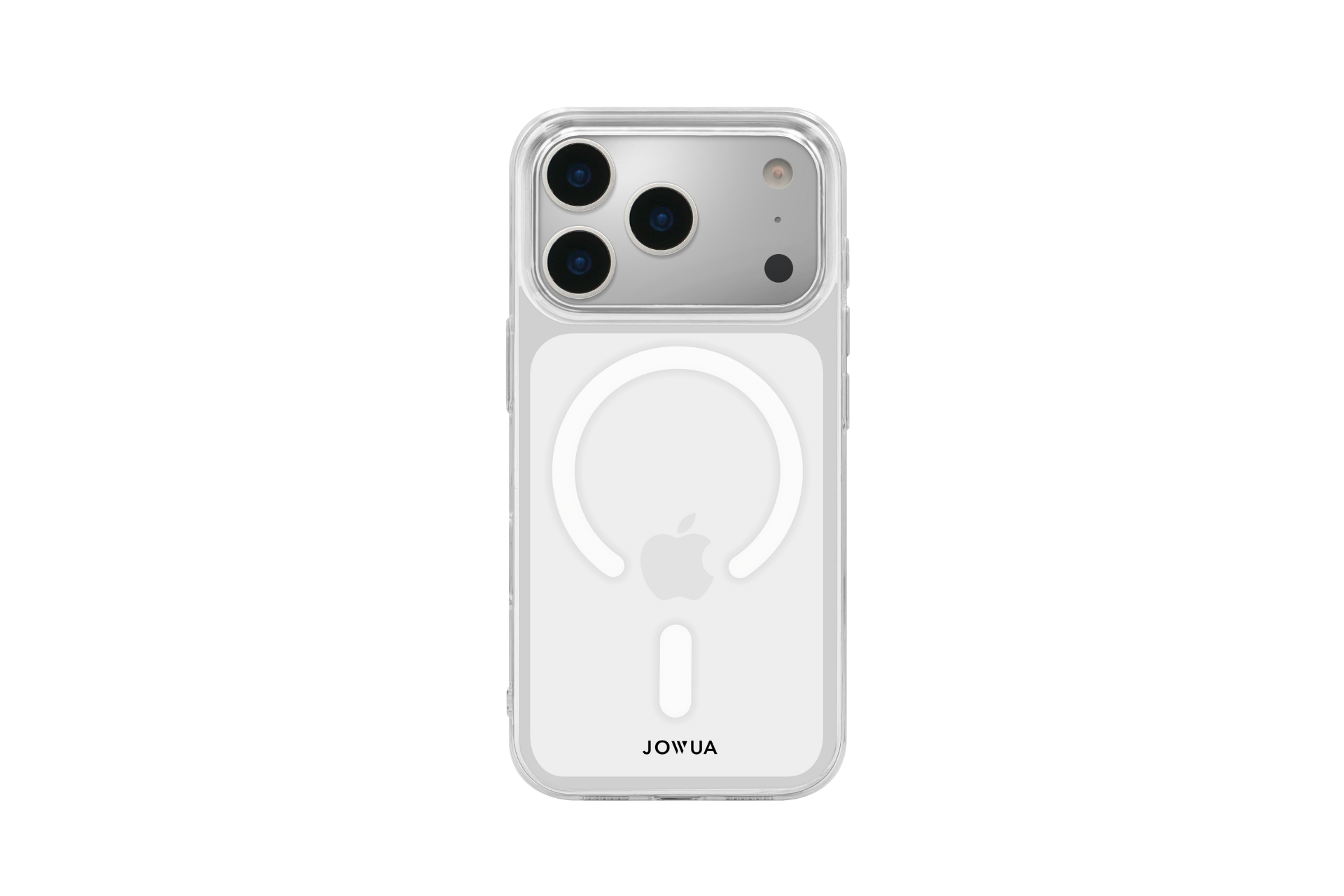 The JOWUA iPhone 17 Release Bundle is shown with a clear MagSafe case featuring a white circular outline, Apple logo, and the JOWUA brand name near the bottom for a stylish, functional look.
