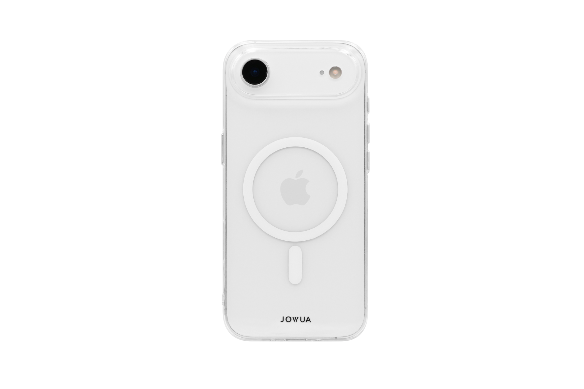 The JOWUA iPhone 17 Release Bundle features a clear MagSafe case with a white circular ring, showcasing the Apple logo and JOWUA branding at the bottom on the back of a white iPhone 17.