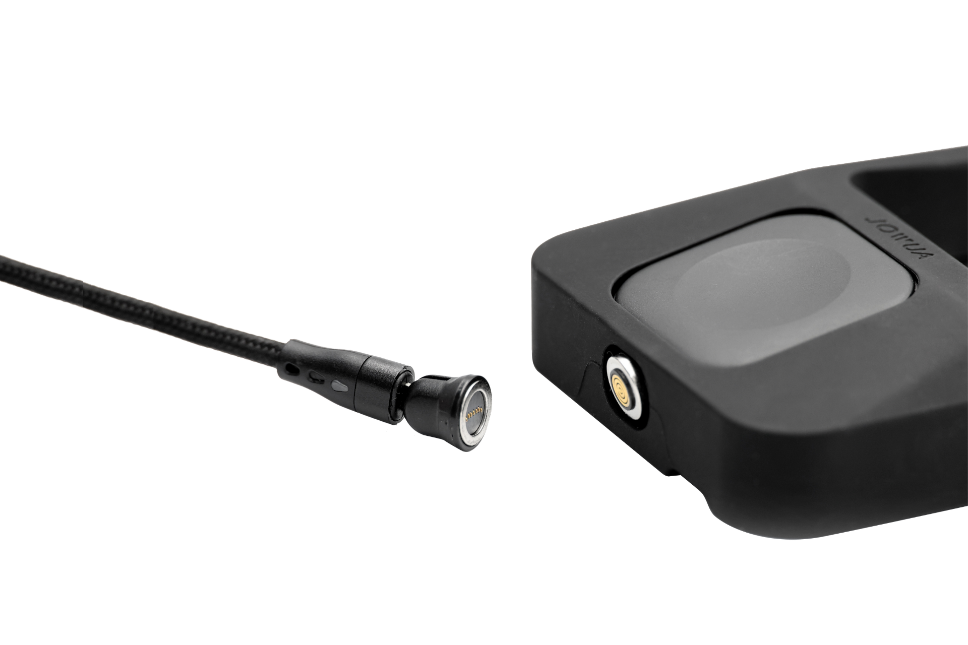 A close-up shows a JOWUA iPhone 17 Release Bundle’s black magnetic charging cable about to connect to a MagSafe clear case on a black device, all set against a white background.