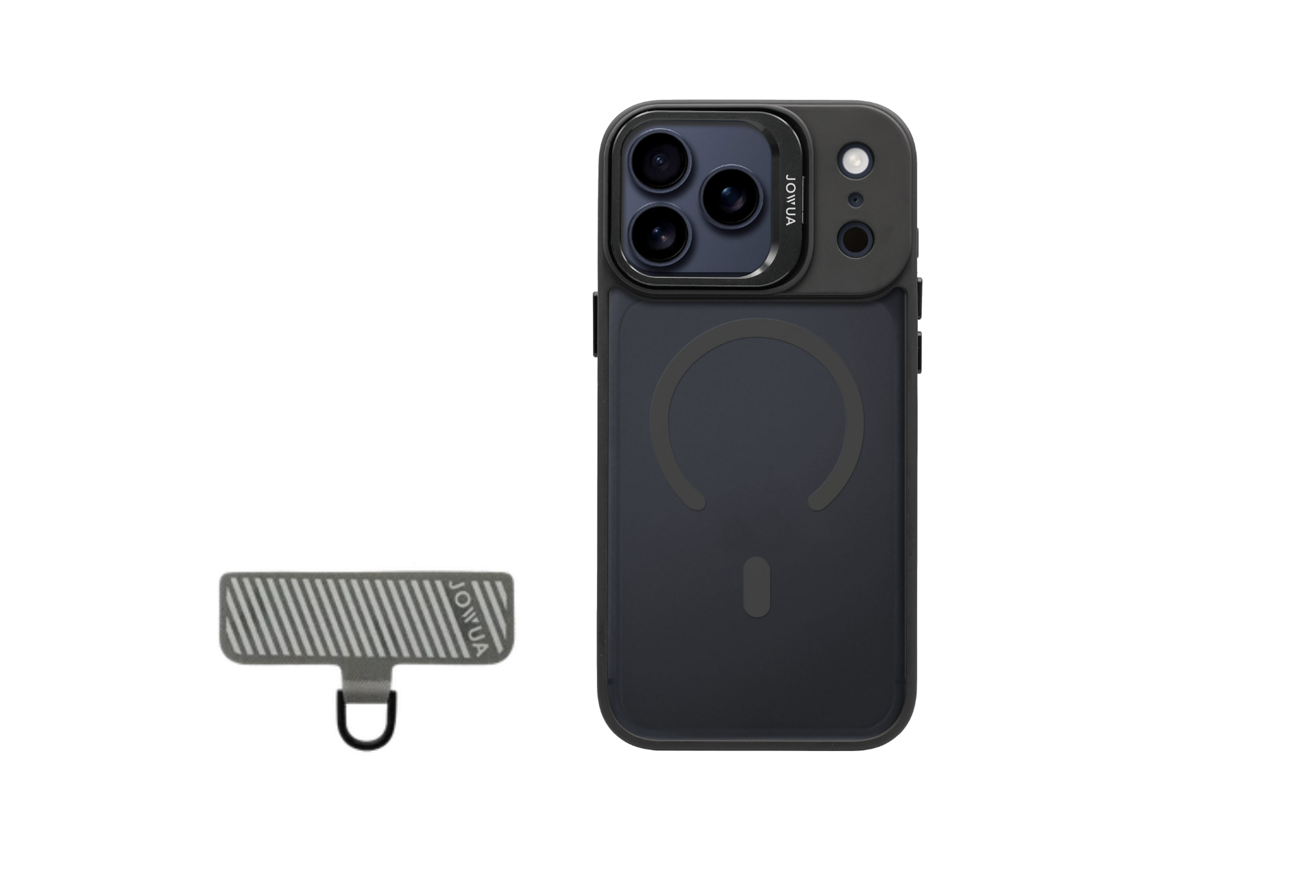The JOWUA iPhone 17 Release Bundle includes a black case with a large MagSafe clear area and camera cover, alongside a small gray and black striped accessory with a loop.
