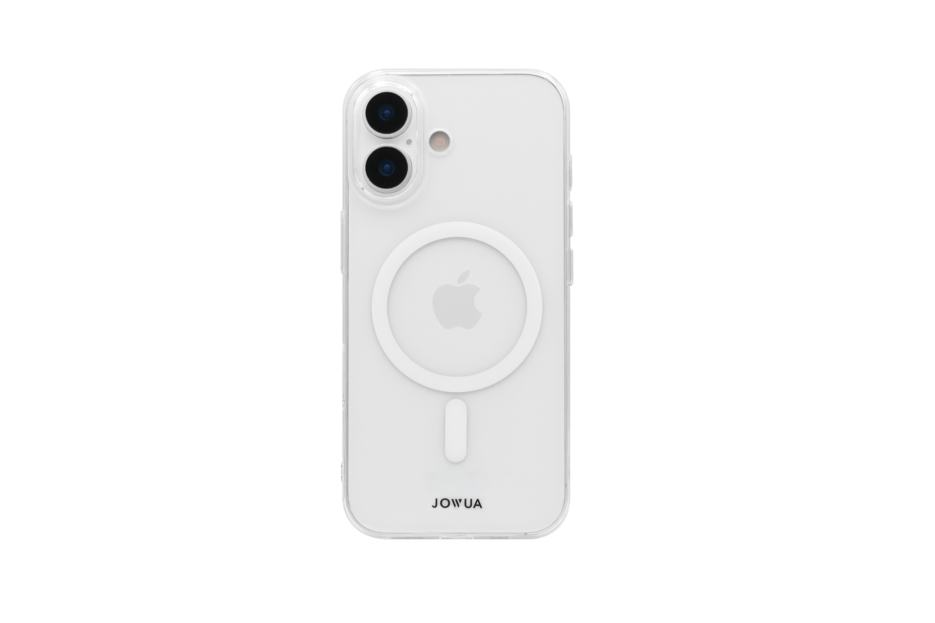 The JOWUA iPhone 17 Release Bundle features a white iPhone with a MagSafe clear case showing the Apple logo, dual cameras, and a visible MagSafe ring. "JOWUA" is printed at the bottom, all set against a plain white background.