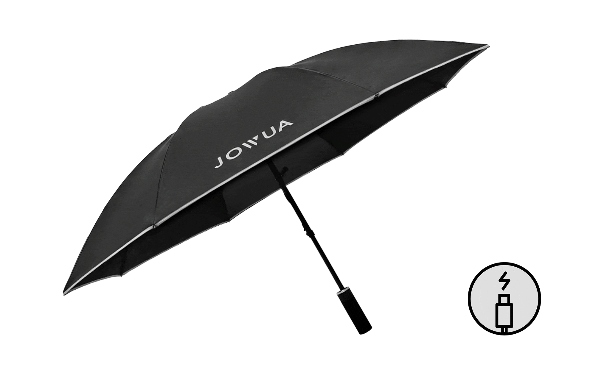 The Type-C Electric Umbrella by JOWUA is black, automatic, and slightly tilted, featuring 
