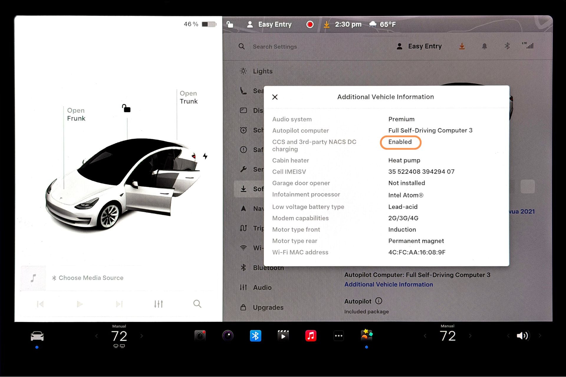 JOWUA’s CCS1 to NACS DC & AC Charging Adapter appears in the Tesla touchscreen, showing a 3D car model with open doors/trunk on the left and a pop-up on the right listing vehicle info, "Premium" audio, FSD Computer 3, heat pump, and JOWUA charging adapter compatibility.