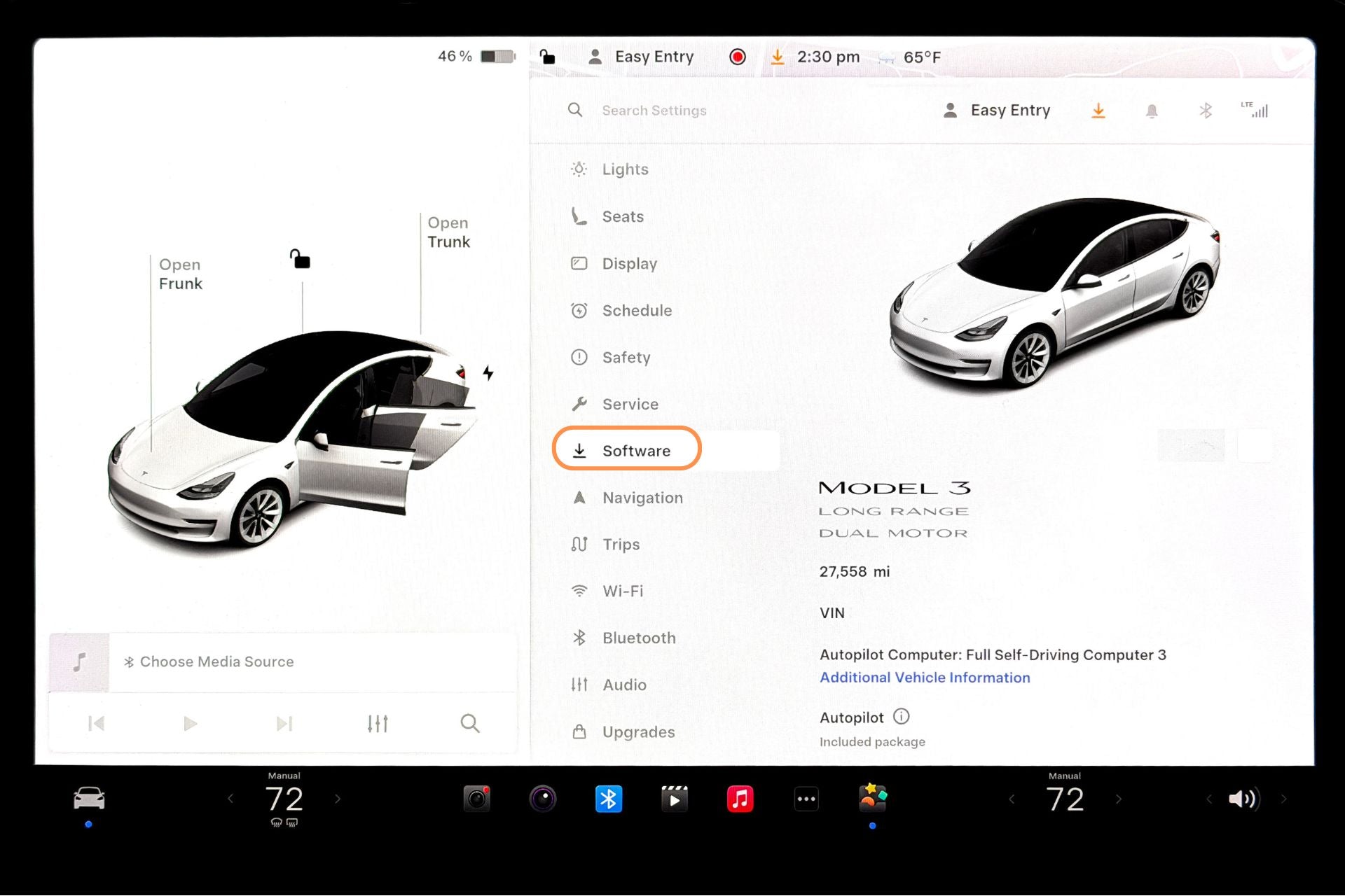 Onscreen, a 3D white Tesla Model 3 appears with trunk and front door open in the ‘Software’ menu, showing vehicle and system info, plus JOWUA CCS1 to NACS DC & AC Charging Adapter compatibility options.