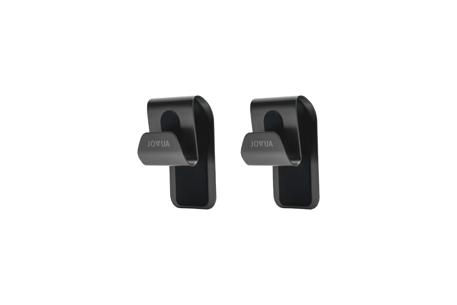 Two black JOWUA glovebox hooks for Tesla Model 3/Y feature a sleek, modern design with a simple curved shape, reminiscent of the stainless steel durability commonly admired in Tesla Model 3/Y interiors.