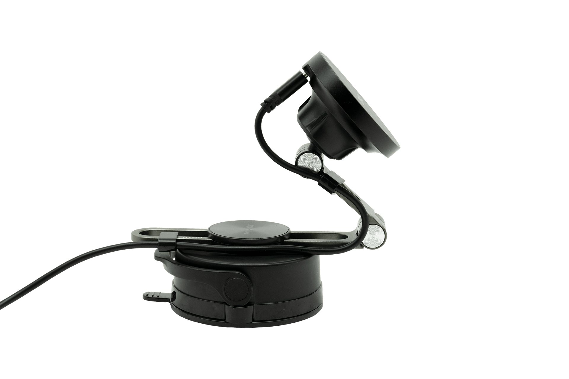 The JOWUA 6D Tesla Compatible Invisible Foldaway Car Mount Qi2 Wireless Charger (MagSafe) features an adjustable arm and suction cup base with power cable, shown in black. Suitable for Tesla S/3/X/Y/Cybertruck.