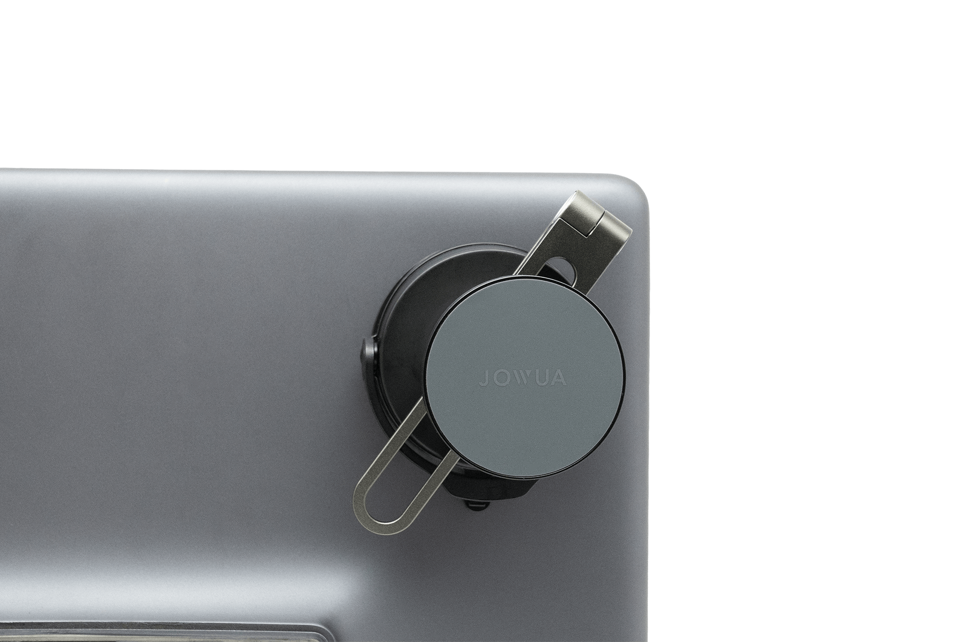 A close-up shows the JOWUA 6D Tesla Compatible Invisible Foldaway Car Mount Qi2 Wireless Charger (MagSafe) clipped to a silver device, set against a black background.