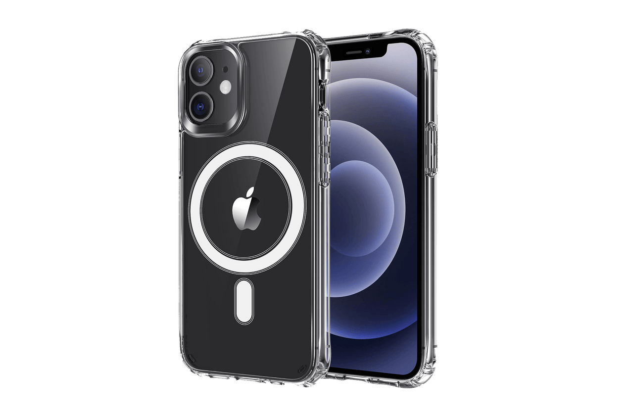 A JOWUA iPhone case for Tesla Model Y / 3 mount, compatible with the iPhone 11/12 series and featuring a circular design, supports wireless charging. The phone is displayed from both front and back angles, boasting a sleek black finish and dual camera lenses. Its screen showcases a simple abstract blue and black background.