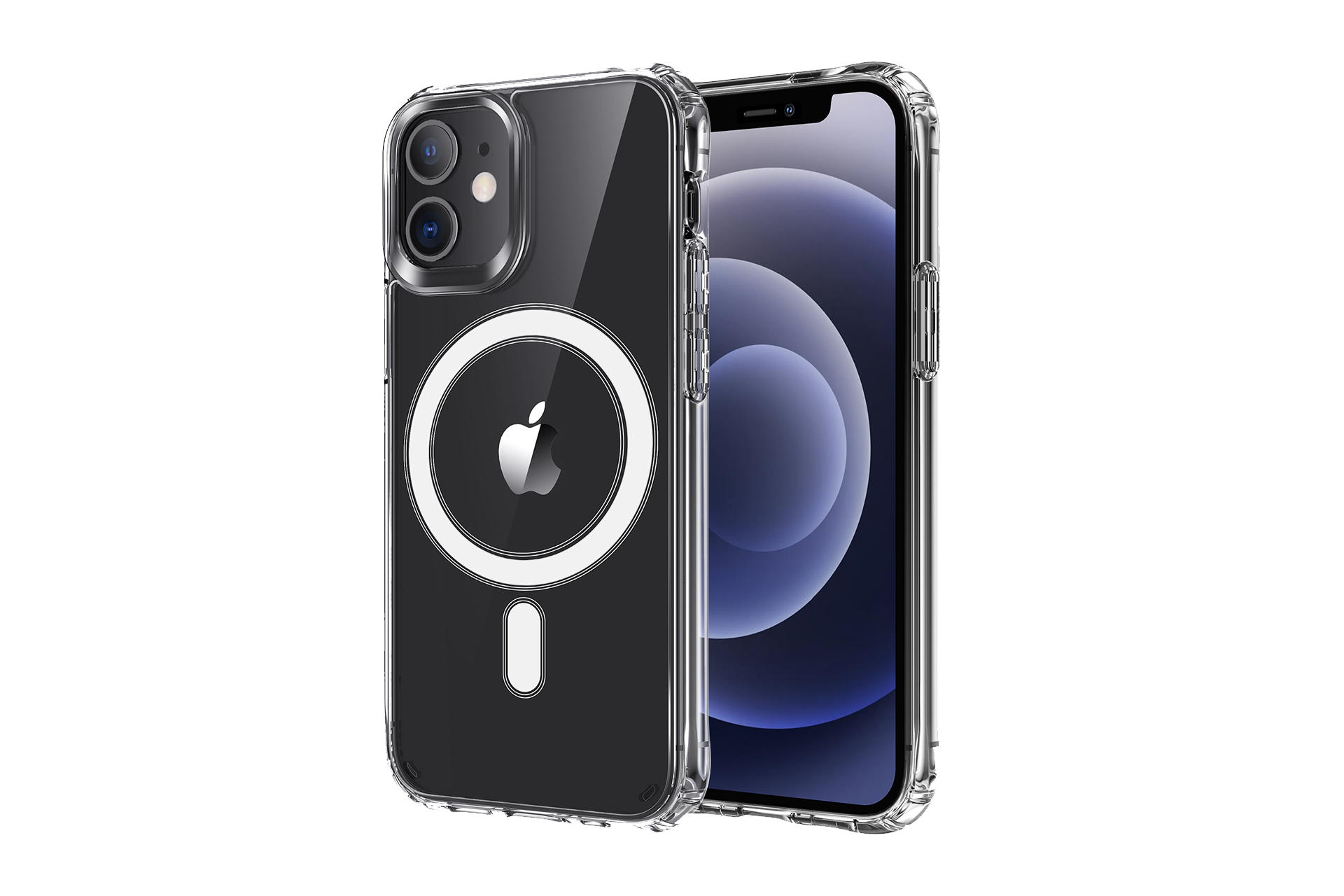 A JOWUA iPhone case for Tesla Model Y / 3 mount, compatible with the iPhone 11/12 series and featuring a circular design, supports wireless charging. The phone is displayed from both front and back angles, boasting a sleek black finish and dual camera lenses. Its screen showcases a simple abstract blue and black background.