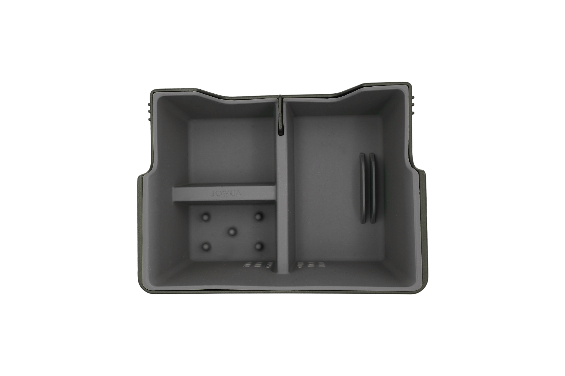 The JOWUA Center Console Tray Organizer for Pre-refresh Tesla Model 3 / Y, made from high-quality hybrid material, includes two compartments and a divider for utensil organization. Its perforated design ensures effective drainage and compatibility with Tesla accessories.