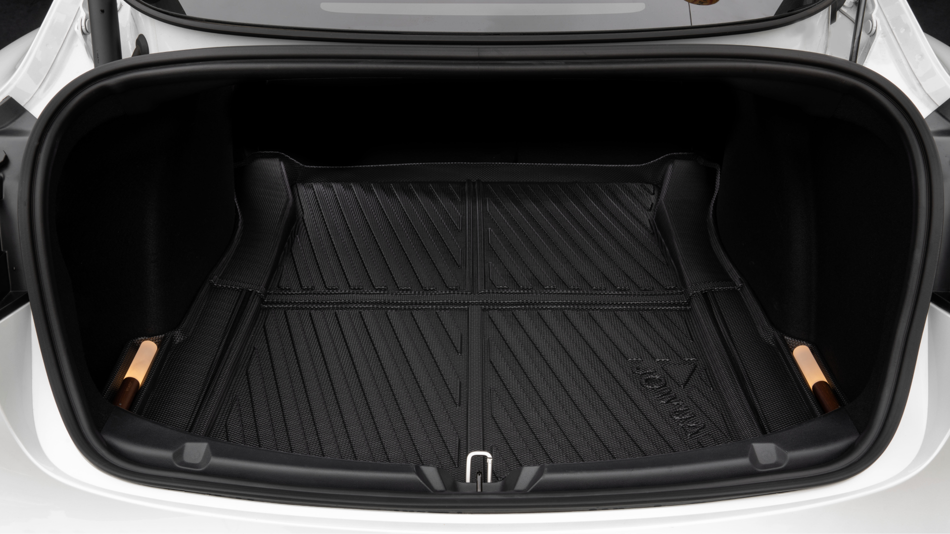 The open trunk of a white Tesla Model 3 highlights the sleek, modern design with JOWUA's Model 3 All Weather Trunk Combo (Reengineered Model 3 Highland, 2024+) featuring a black textured mat inside. Crafted from waterproof TPE material, this trunk liner ensures durability while preserving the car's elegant aesthetic.