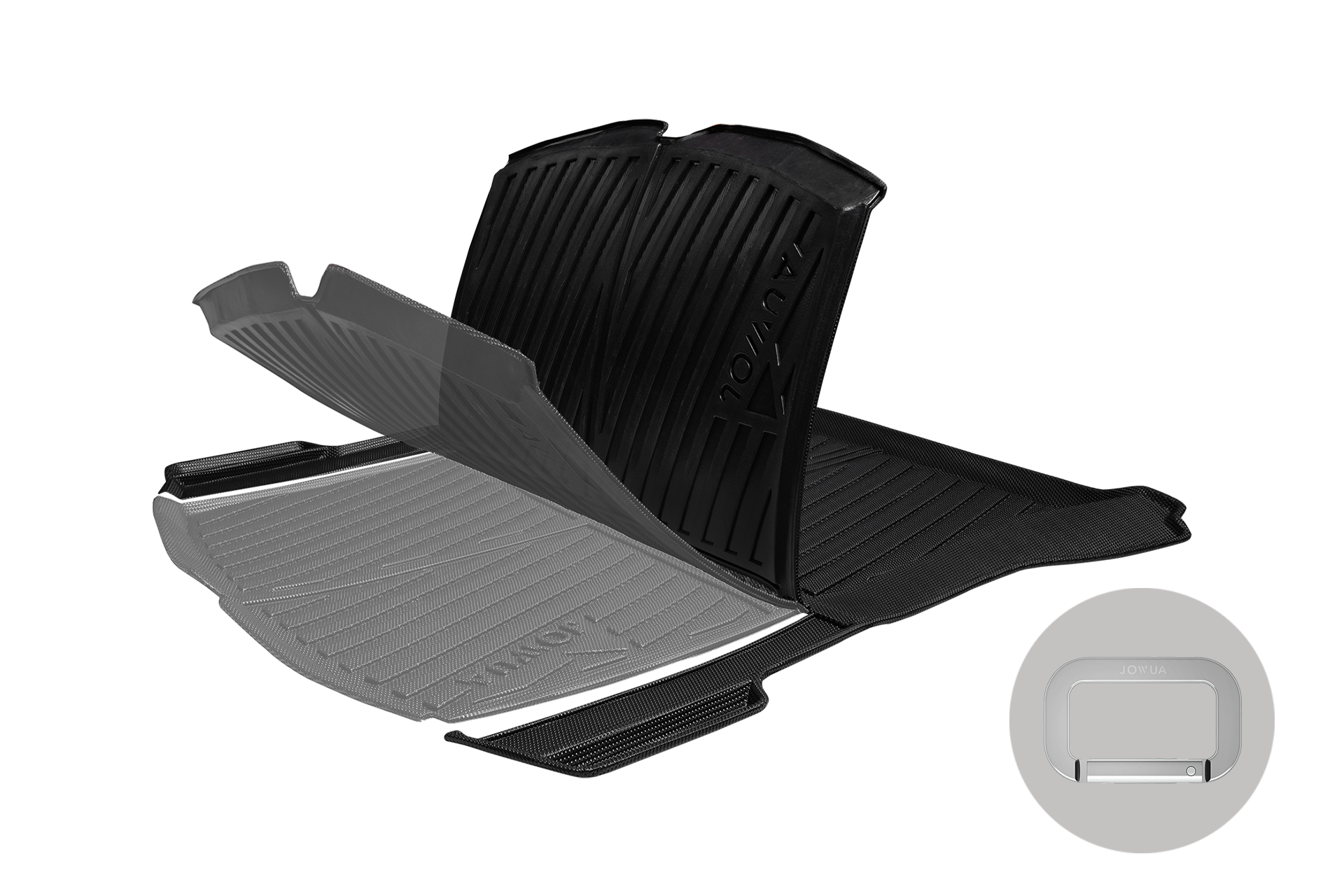 The JOWUA Model 3 / Reengineered Model 3 All Weather Trunk Liners are showcased in various layouts, perfectly suited for a Tesla Model 3. These liners include grooves designed to trap dirt and debris, providing an excellent all-weather option. In the bottom right corner, there is a small, rectangular insert displaying the back of a liner.