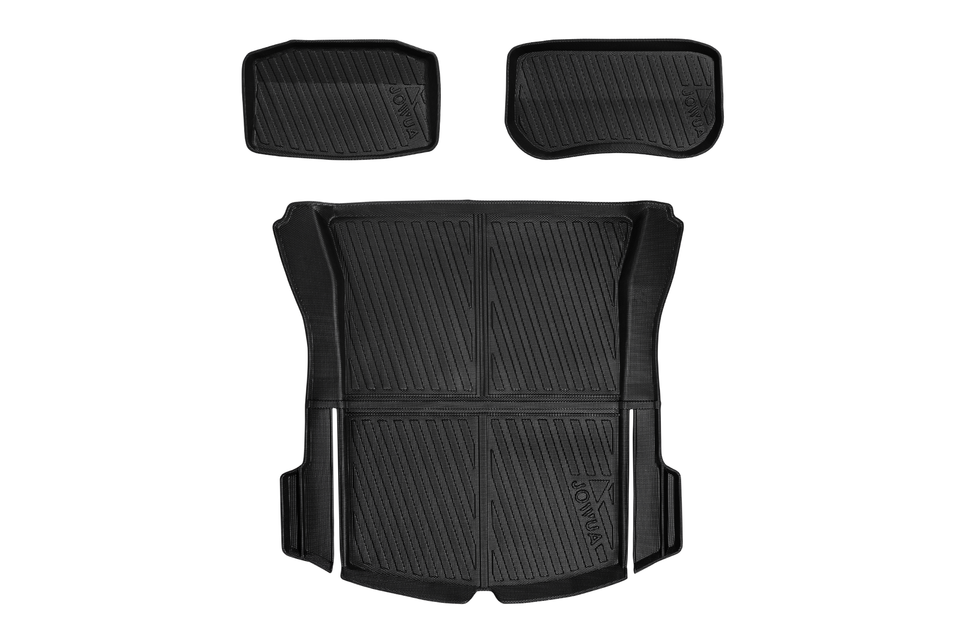 The JOWUA Model 3 / Reengineered Model 3 All Weather Trunk Liners include a set of black rubber floor mats specifically designed for the Tesla Model 3, featuring one large mat and two smaller ones. Ideal for the trunk compartment, these mats have a textured, grooved surface that provides grip and effectively collects dirt, making them perfect as all-weather liners.
