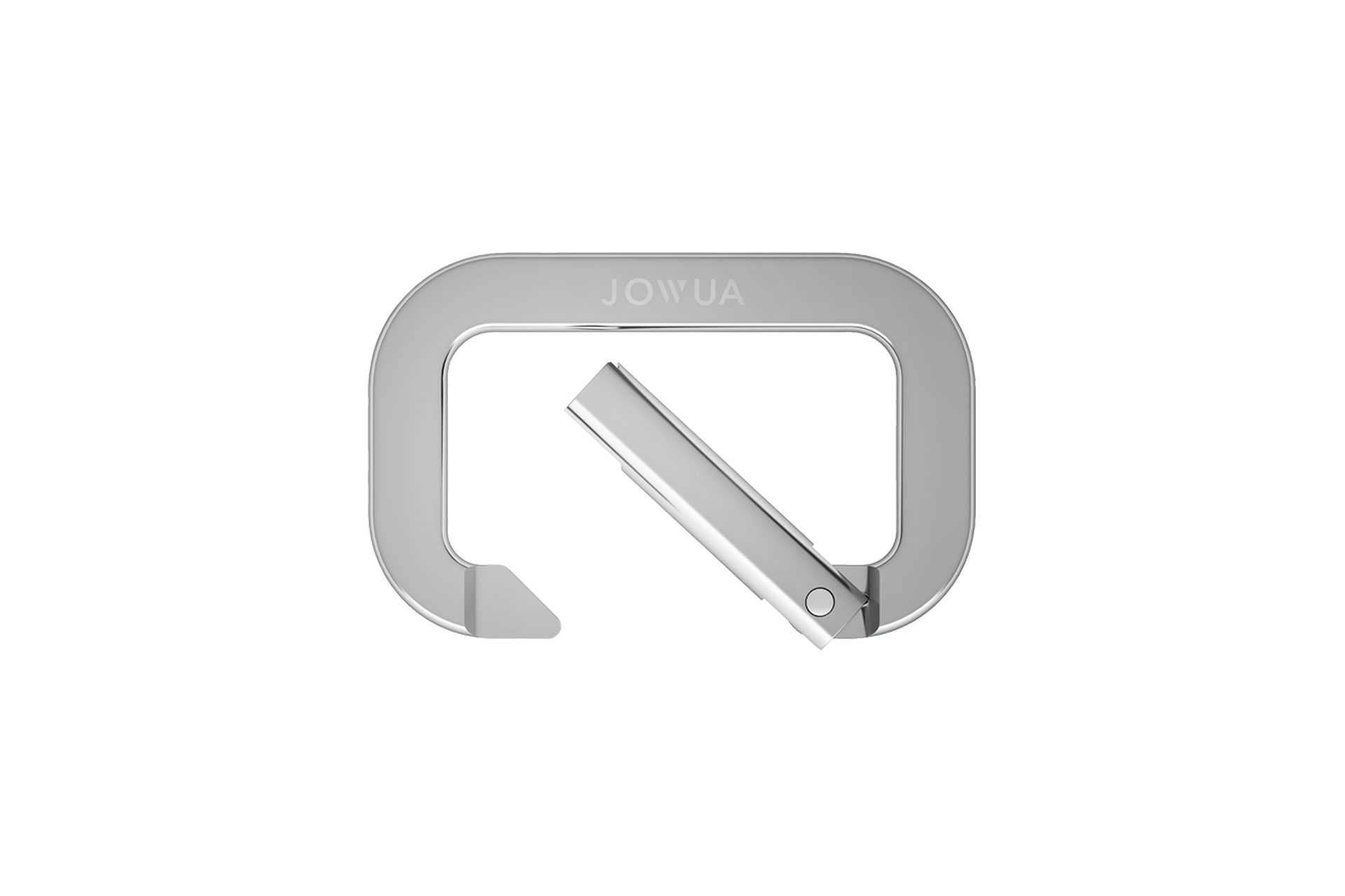 The Snap Hook Tesla Model S/3 from JOWUA is a metallic carabiner with a sleek, modern design that features easy opening and closing. Its rectangular shape includes a small lever or clasp on one side, making it ideal for organizing your Tesla Model S/3 sub-trunk compartment. The brand name "JOWUA" is elegantly engraved on the top.