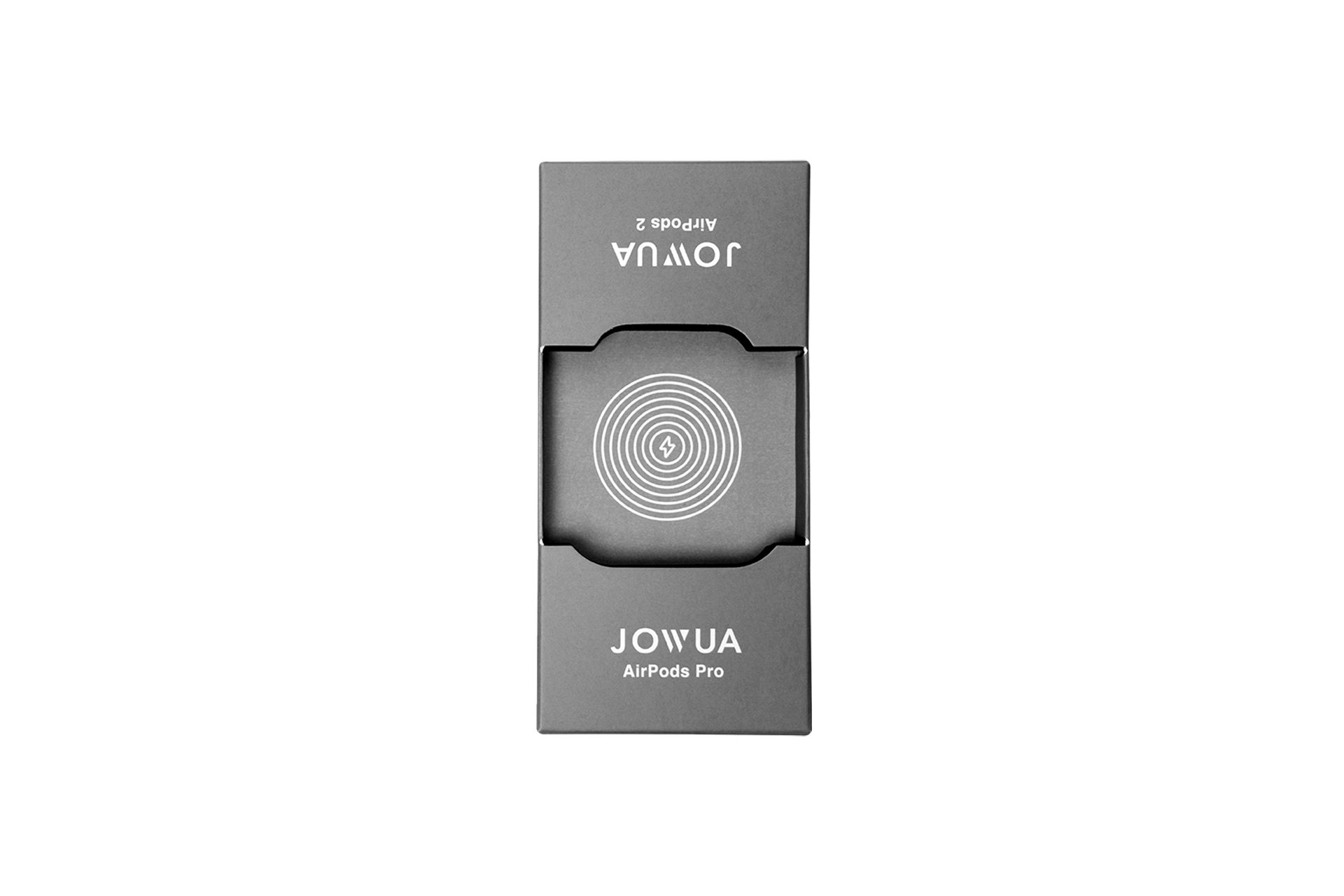 A black JOWUA AirPods Charger Stand, crafted as an elegant AirPods Charging Holder and set against a sleek black backdrop, features the brand name along with a circular pattern design. It flawlessly complements Tesla models with its seamless style.